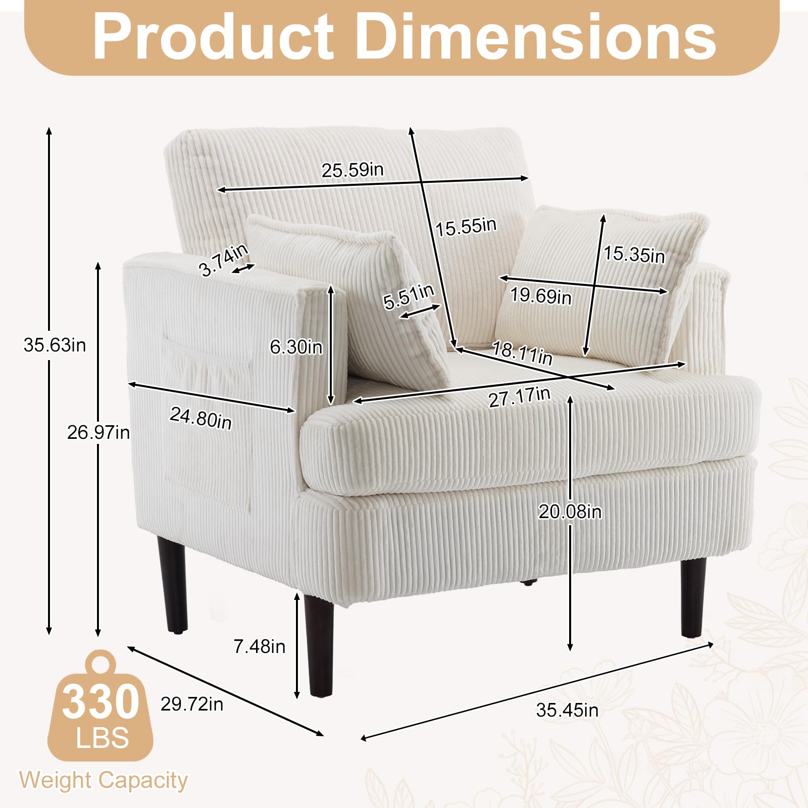 Karl Home Modern Accent Chair - Corduroy Upholstered Armchair with 2 Pillows & Side Pocket, Barrel Sofa Chair with Sturdy Solid Wood Legs - Comfortable Reading Chair for Living Room, Bedroom & Office (Beige) - Perfect for Relaxing, Reading & Small Space Decor
