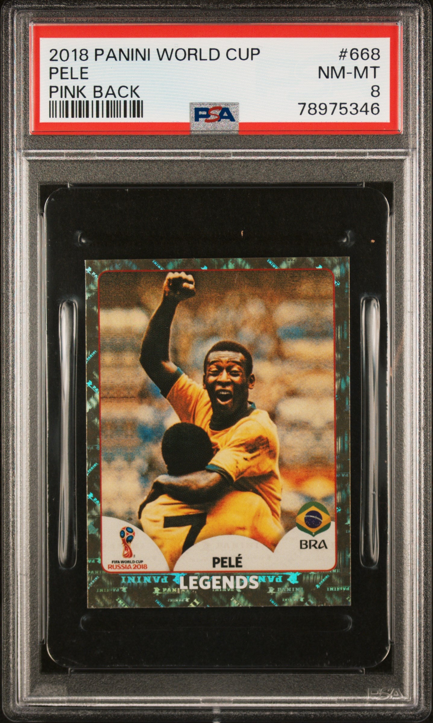 Panini Pele Pink Back Sticker #668 PSA 8 - 2018 FIFA World Cup Collectible - Perfect for Soccer Memorabilia Collections & Sports Fan Displays