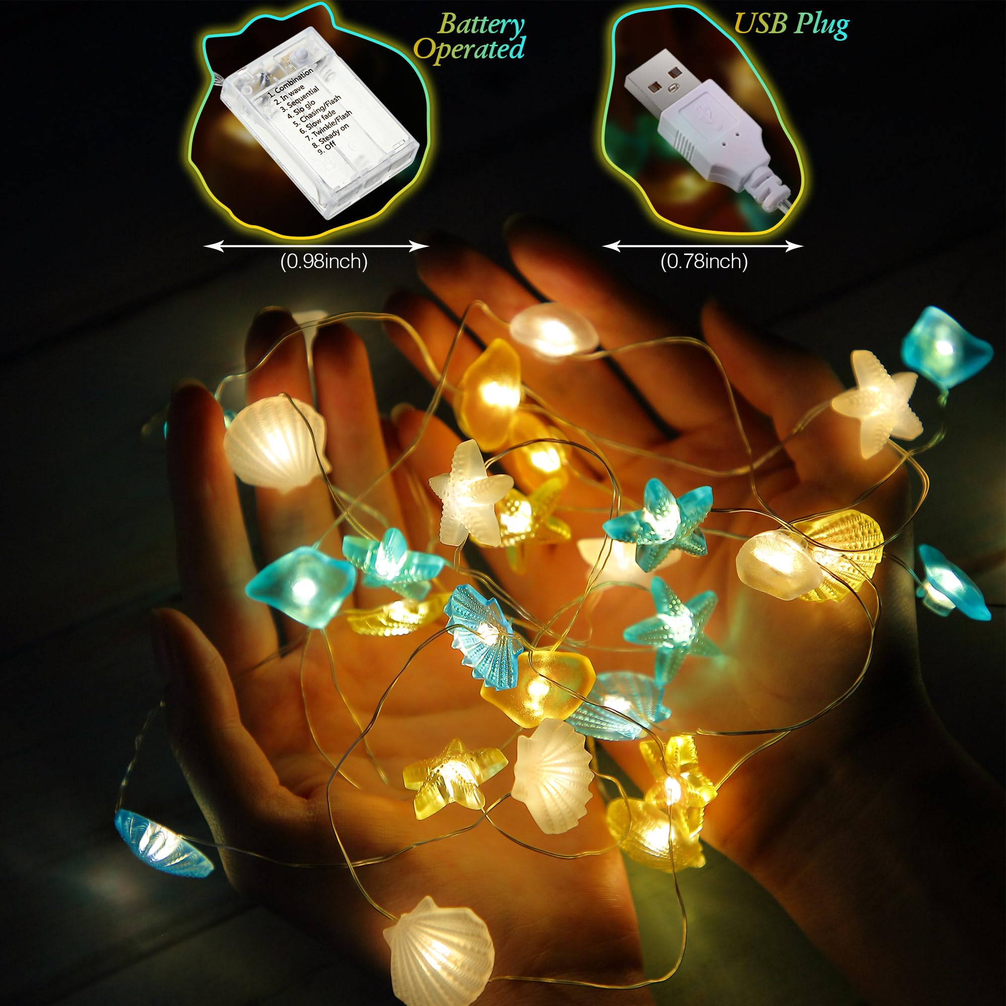 Ocean Themed Fairy String Lights - 10 FT 30 LED Battery Operated Decorative Lights with Starfish & Seashell Design, 8 Lighting Modes for Summer Room Decor, Beach Party, Bathroom, Nursery, Outdoor Patio & Wedding Decorations