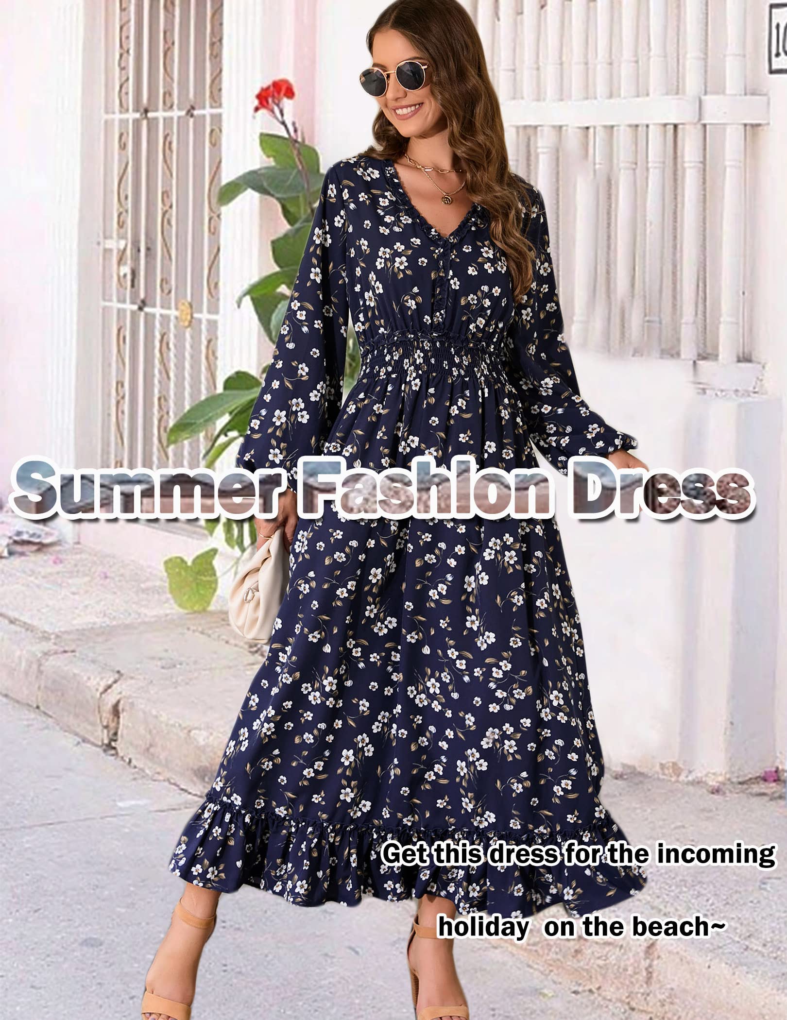 MISSKY Women's Casual V-Neck Boho Floral Print Maxi Dress - Bohemian Flowy Wedding Guest Dress for Beach, Party & Summer Vacation