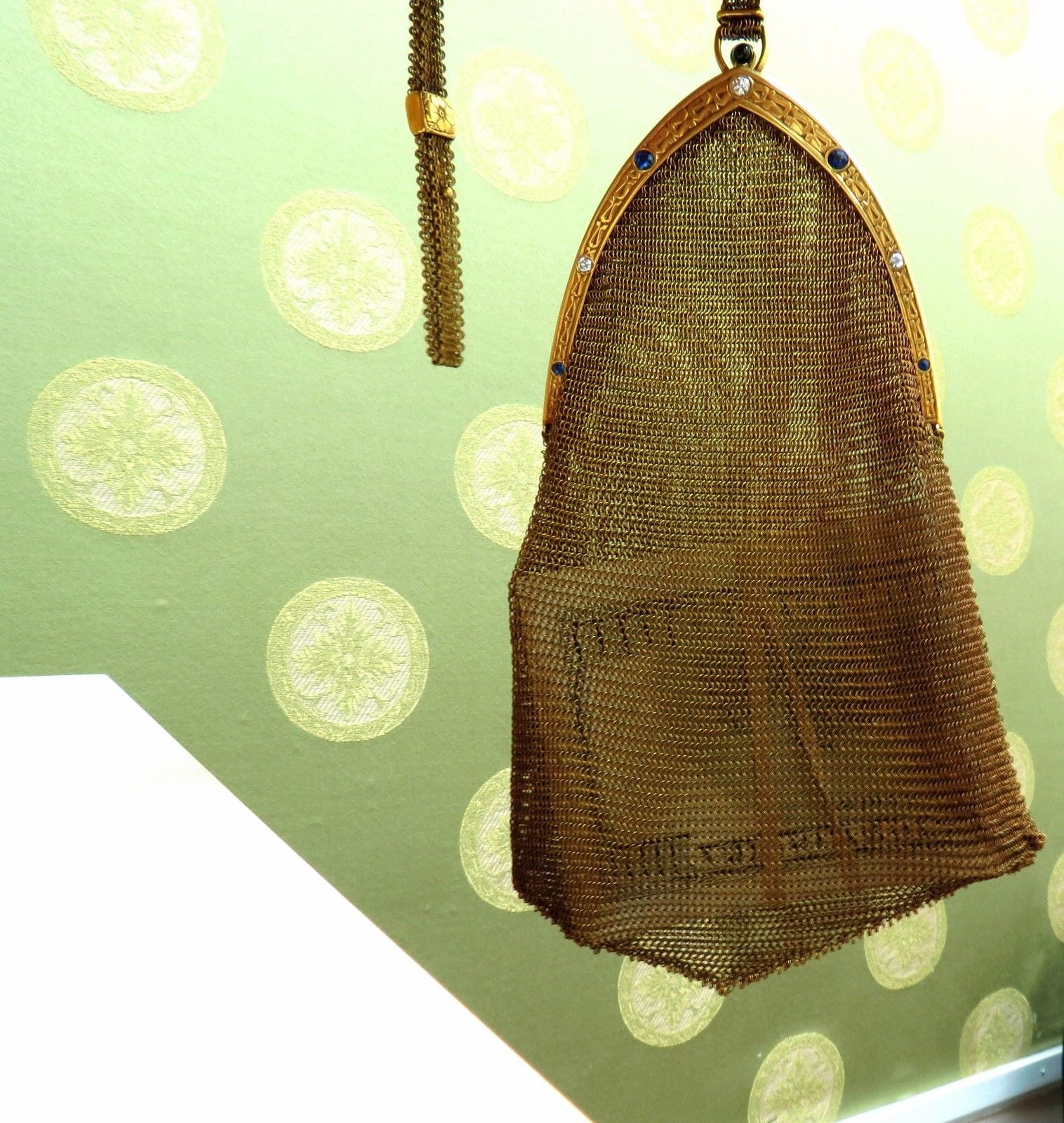 14K Gold Vintage Ladies Purse with 1.00ct Sapphire & Diamonds - Flexible Mesh Strap Handle - Elegant Evening Bag for Parties, Weddings & Special Occasions