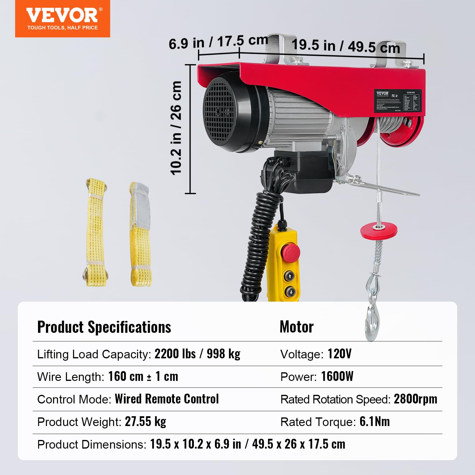 VEVOR 2200LBS Electric Hoist Winch - 110V Steel Lift with Remote Control & Single/Double Slings - Heavy Duty for Factory, Warehouse, Construction, Mining - Perfect for Lifting Equipment, Materials, and Machinery