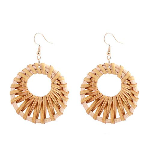 4 Pairs Lightweight Rattan Knit Dangle Earrings for Women - Bohemian Straw Wicker Braid Woven Geometric Statement Jewelry - Perfect for Summer Festivals, Beach Vacations and Boho Fashion Outfits