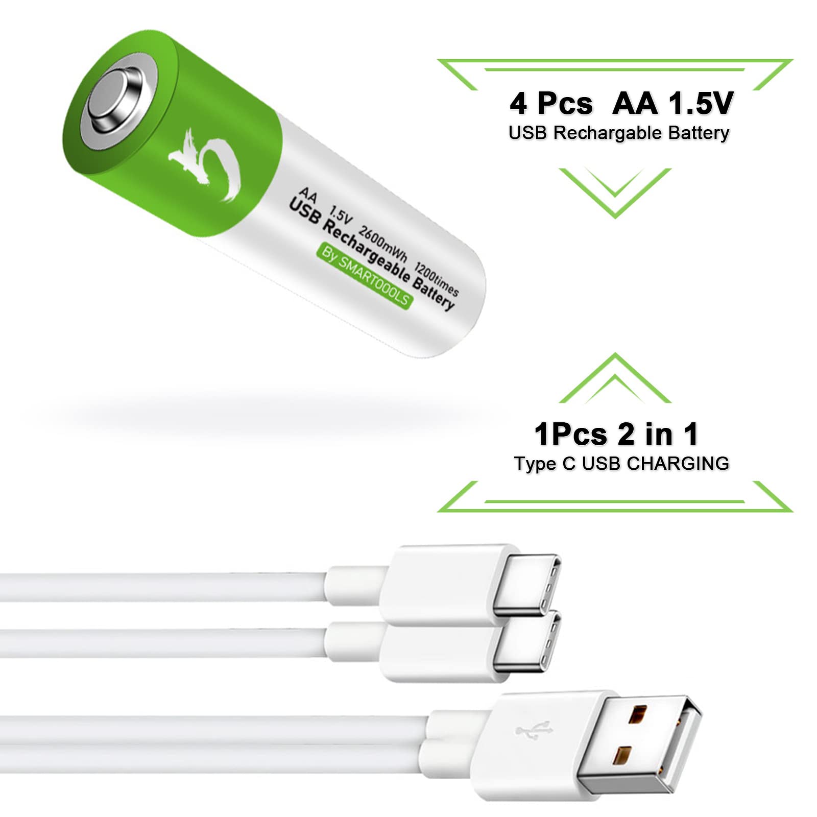 4 Pack Rechargeable AA Lithium Batteries 2600mWh with USB-C Charger - Long Lasting 1.5V Double A Batteries for Cameras, Flashlights, Toys & Electronics - Includes 4-in-1 Type C Charging Cable