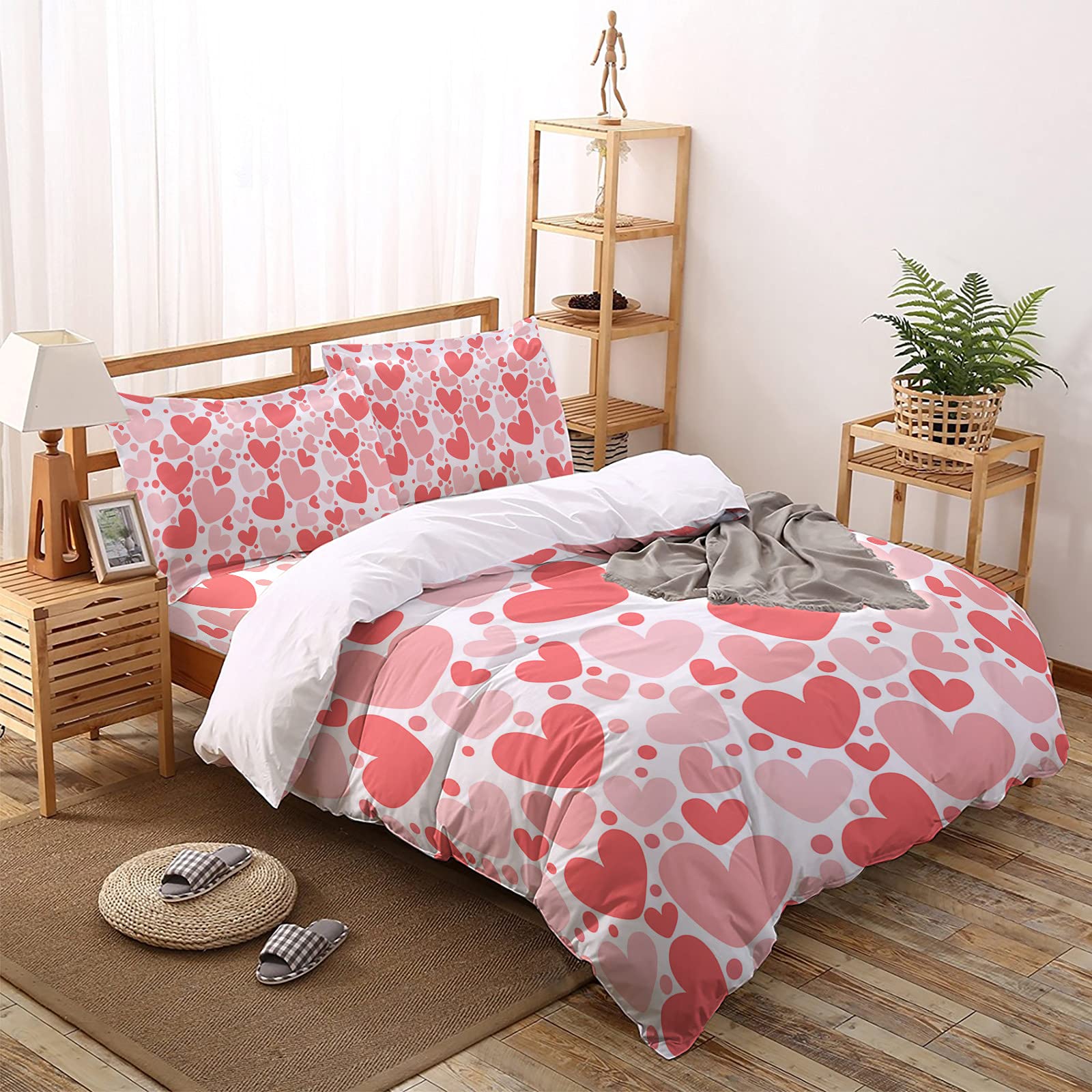 Valentine's Day Pink Heart California King Duvet Cover Set - 4 Piece Microfiber Soft Bedding Set with Comforter Cover, Sheet & Pillowcases for Kids, Teens, Adults - Perfect for Romantic Bedrooms, Guest Rooms & Cozy Home Decor