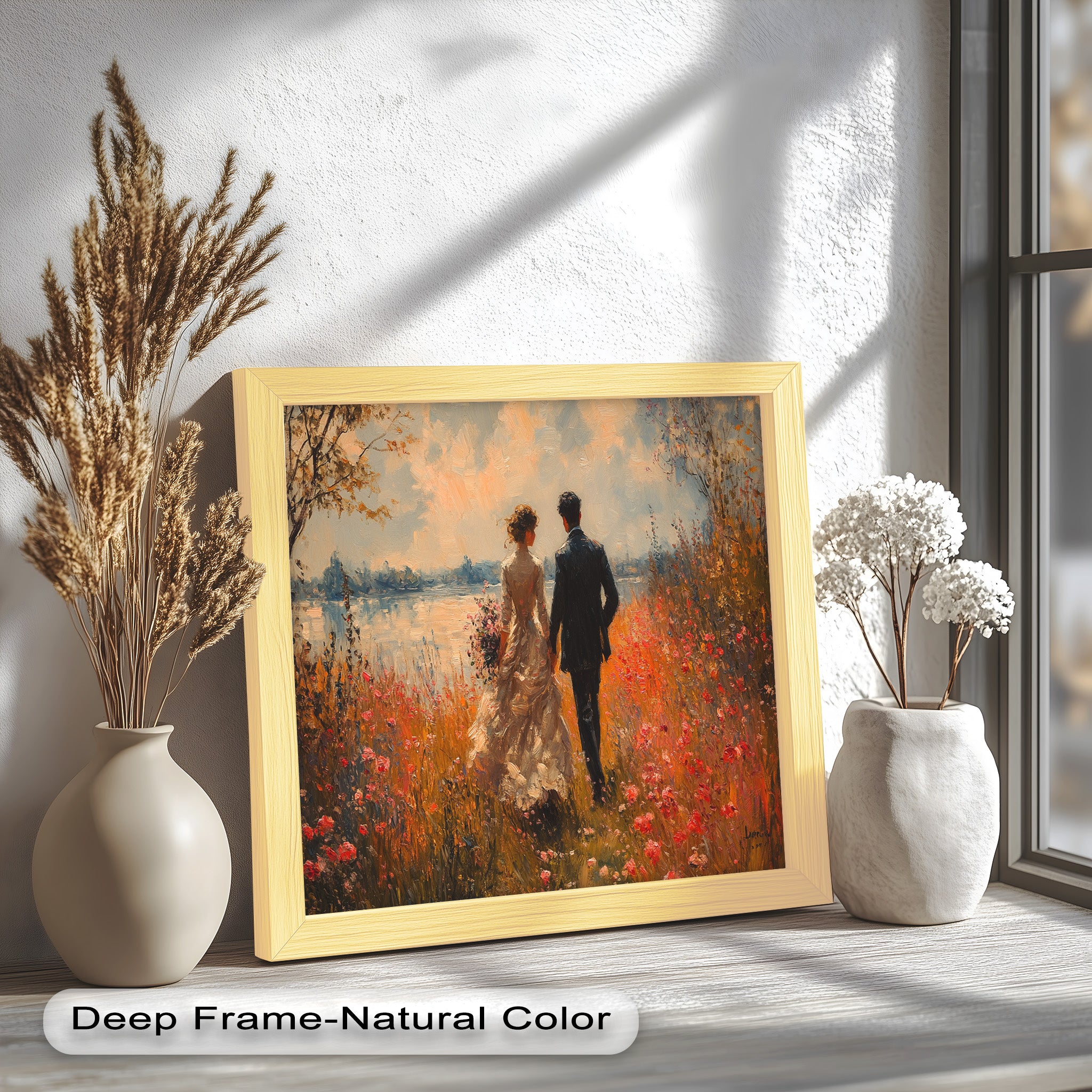 Impressionist Couple in Blooming Field Oil Painting - Romantic Wall Art for Living Room, Bedroom Decor - Perfect Gift for Anniversaries & Weddings