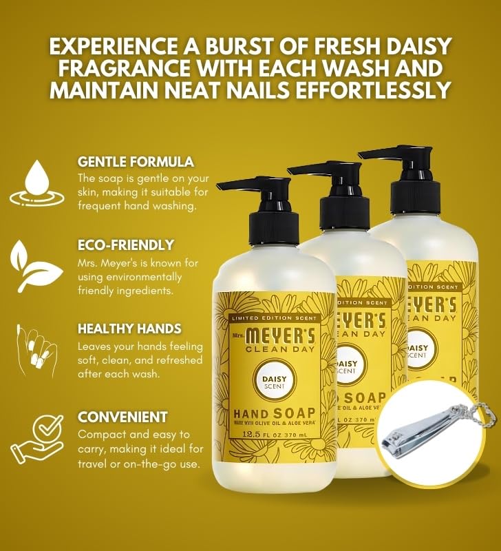 Organic Daisy Scent Liquid Hand Soap 12.5 oz with Nail Clipper Set - Natural Essential Oils & Aloe Vera for Gentle Cleansing - 4-Piece Bathroom & Kitchen Hand Care Bundle - Perfect for Home, Office, and Travel Use