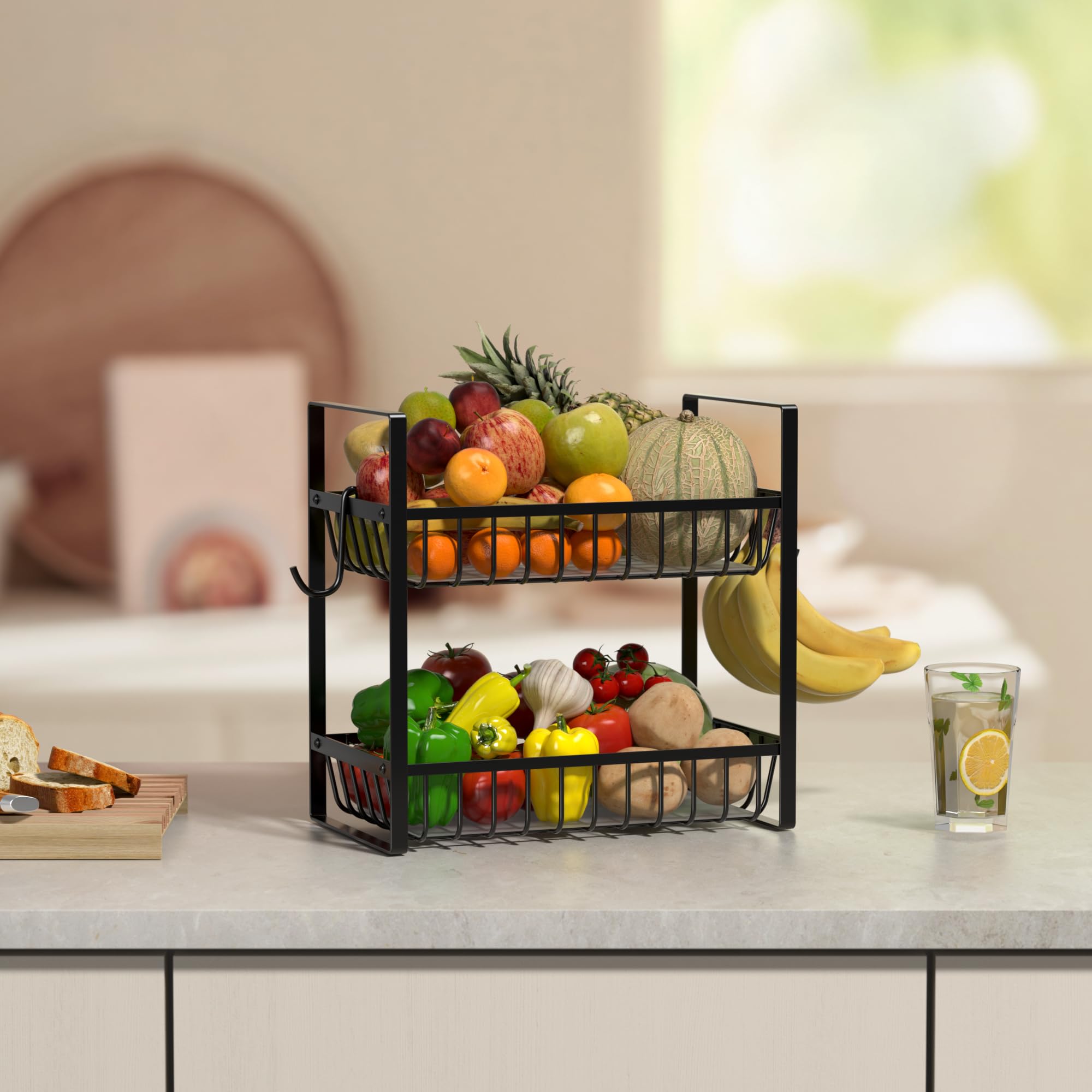 2-Tier Heavy Duty Metal Fruit Basket for Kitchen Counter - Fruit Bowl & Organizer for Onion, Bread, Snack Storage with Liners | Perfect for Dining Table, Pantry & Kitchen Countertop Decor