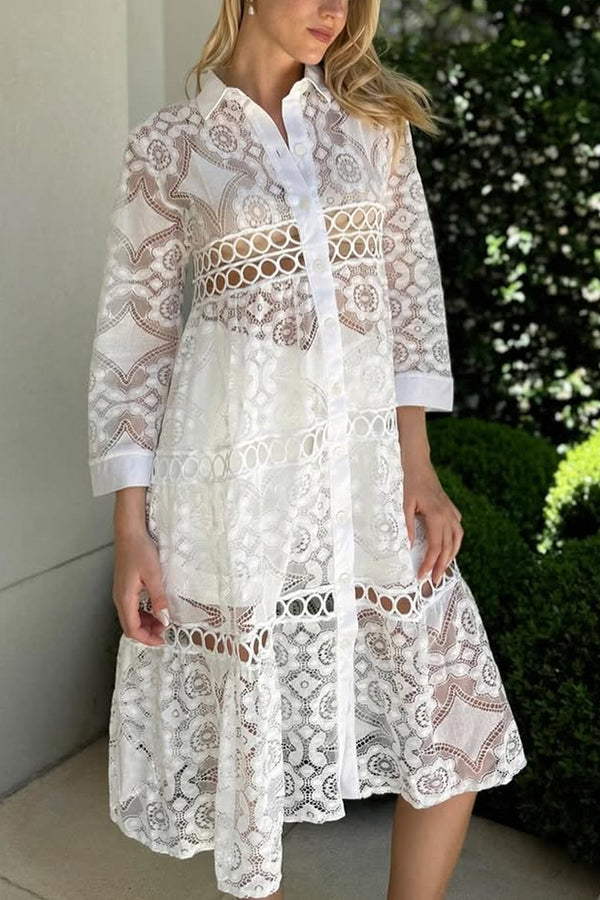 Elegant Solid Color Hollow Lace Lapel Button Down Long Sleeve Shirt for Women - Perfect for Office Wear, Date Night & Special Occasions