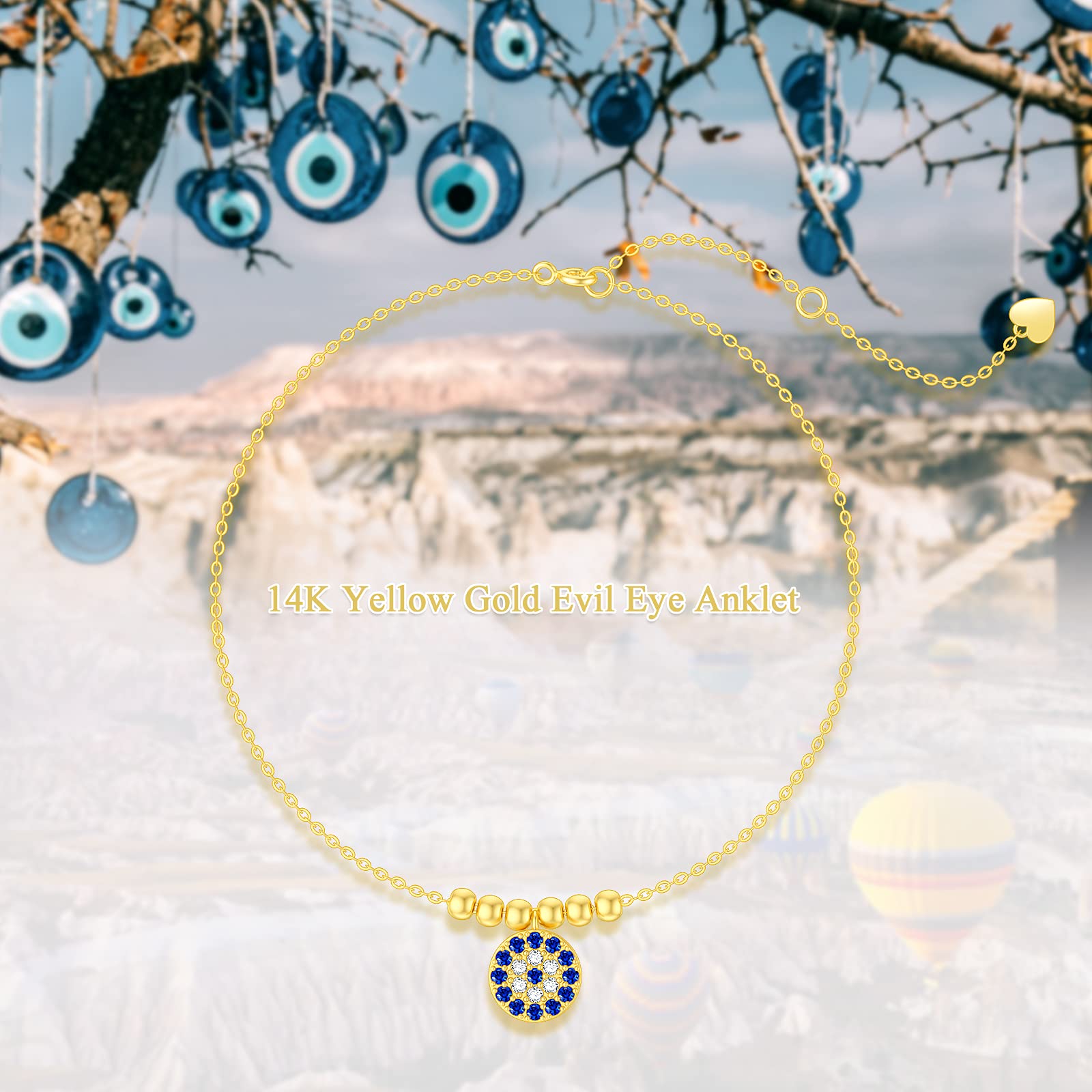 14K Solid Gold Evil Eye Anklet for Women - Dainty Yellow Gold Lucky Charm Ankle Bracelet with Beads, Adjustable 8
