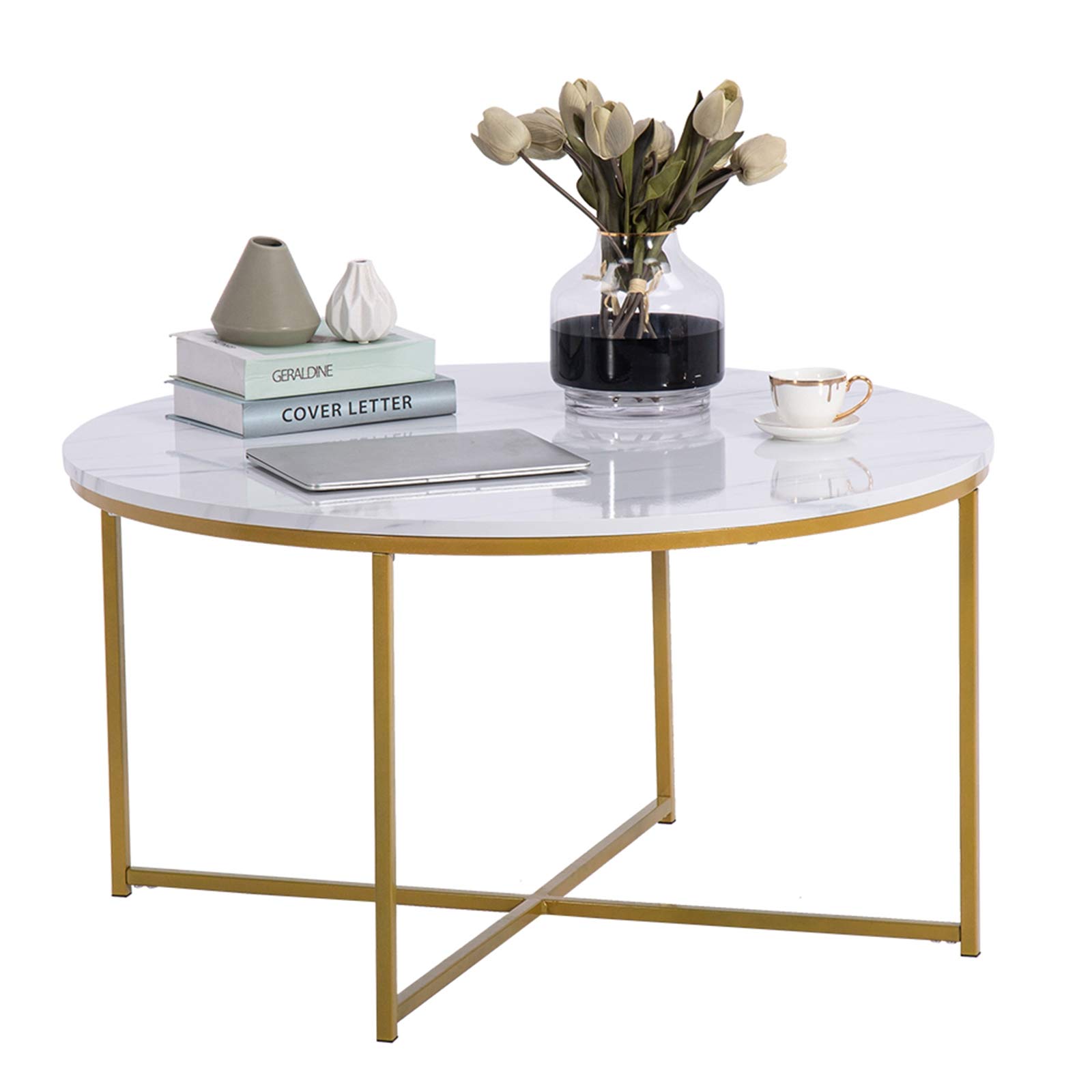 Modern Round Coffee Table with X-Shaped Powder-Coated Metal Legs - Minimalist White Side Table for Living Room, Bedroom & Office Decor