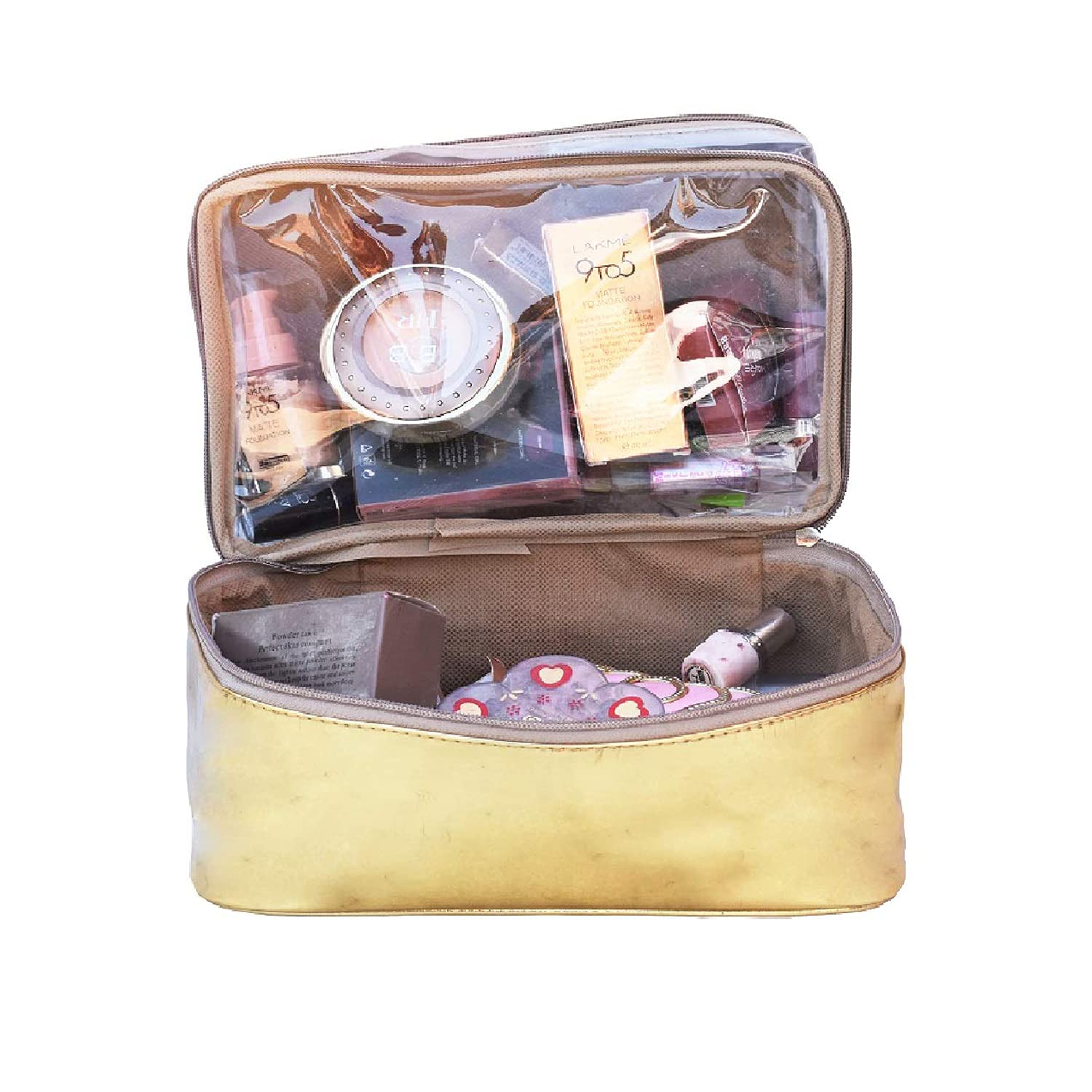 Gold Makeup Box Cosmetic Bag and Pouch (3 Fold Gold 01) - Elegant Travel Organizer for Women | Perfect for Makeup Brushes, Jewelry & Toiletries | Great Gift Idea for Brides & Beauty Lovers