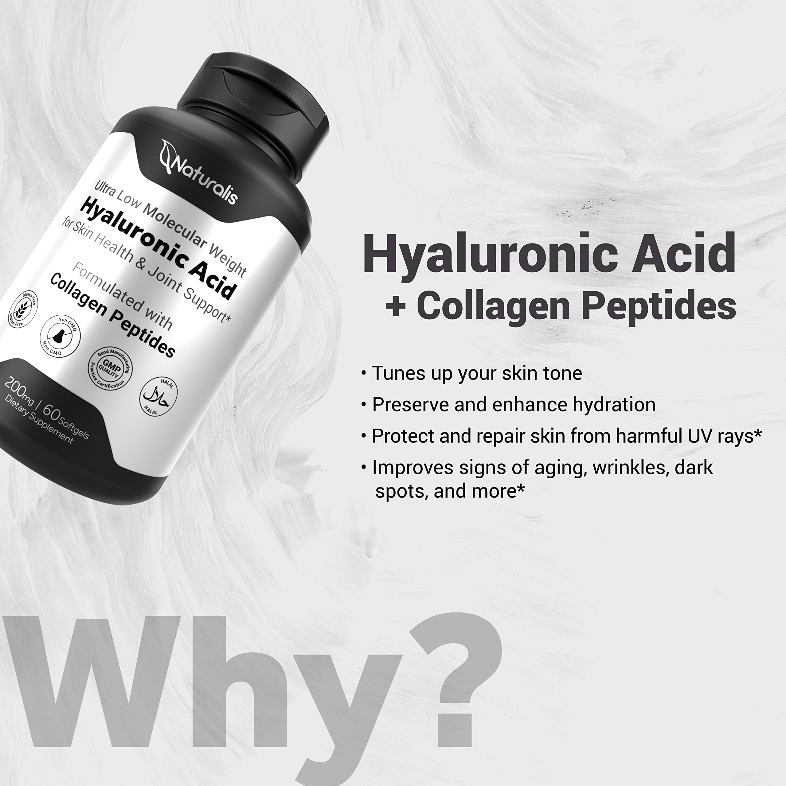 Premium Hyaluronic Acid 200mg with Collagen, Biotin & Vitamin E - Ultra Low Molecular Weight for 10X Better Absorption | Hair, Skin, Nail & Joint Support Supplement | 60 Softgels | Ideal for Anti-Aging & Hydration Boost