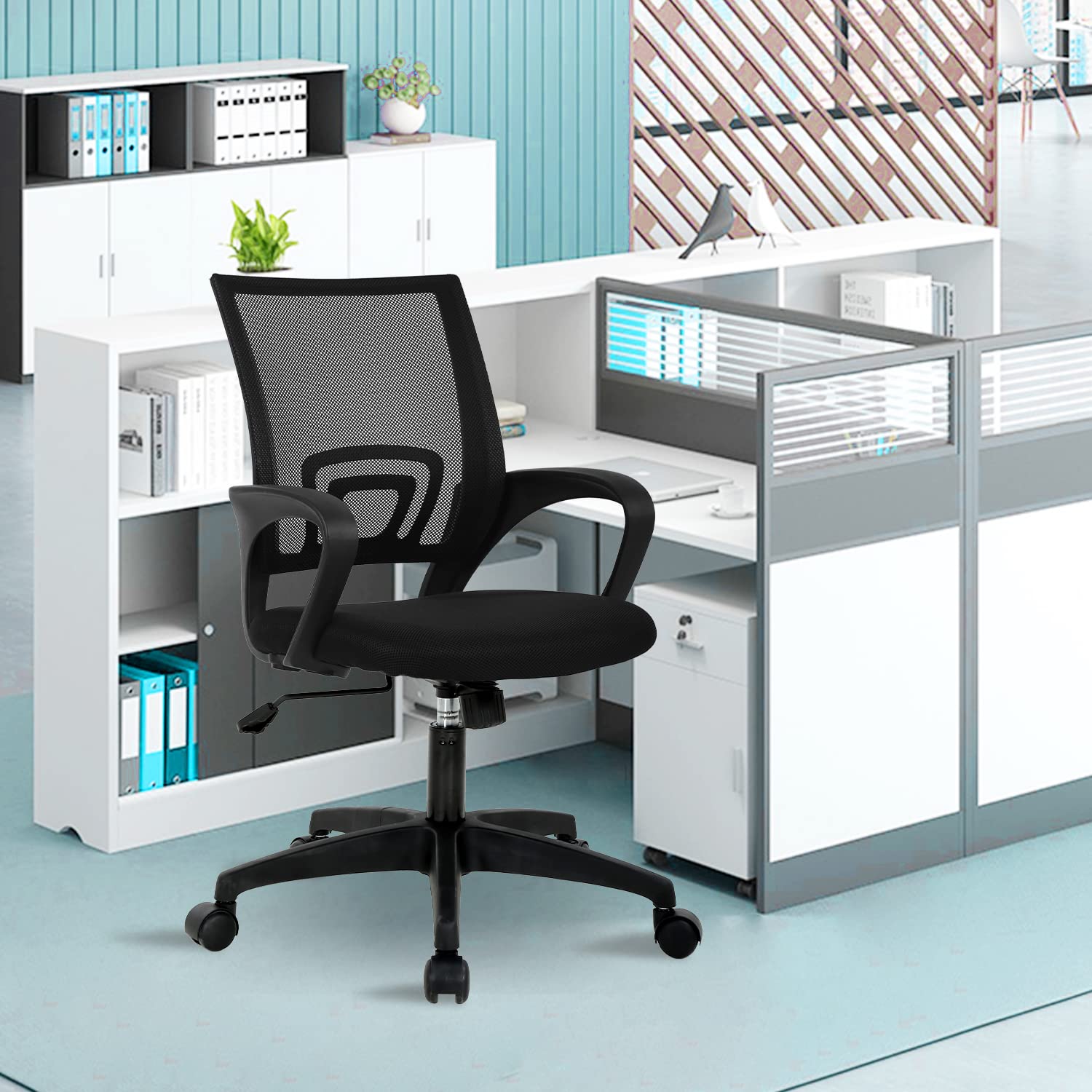 Ergonomic Office Chair with Lumbar Support - Adjustable Mid-Back Mesh Computer Chair with Armrests & Swivel Wheels for Home Office - Perfect for Long Work Hours & Video Conferencing, Black