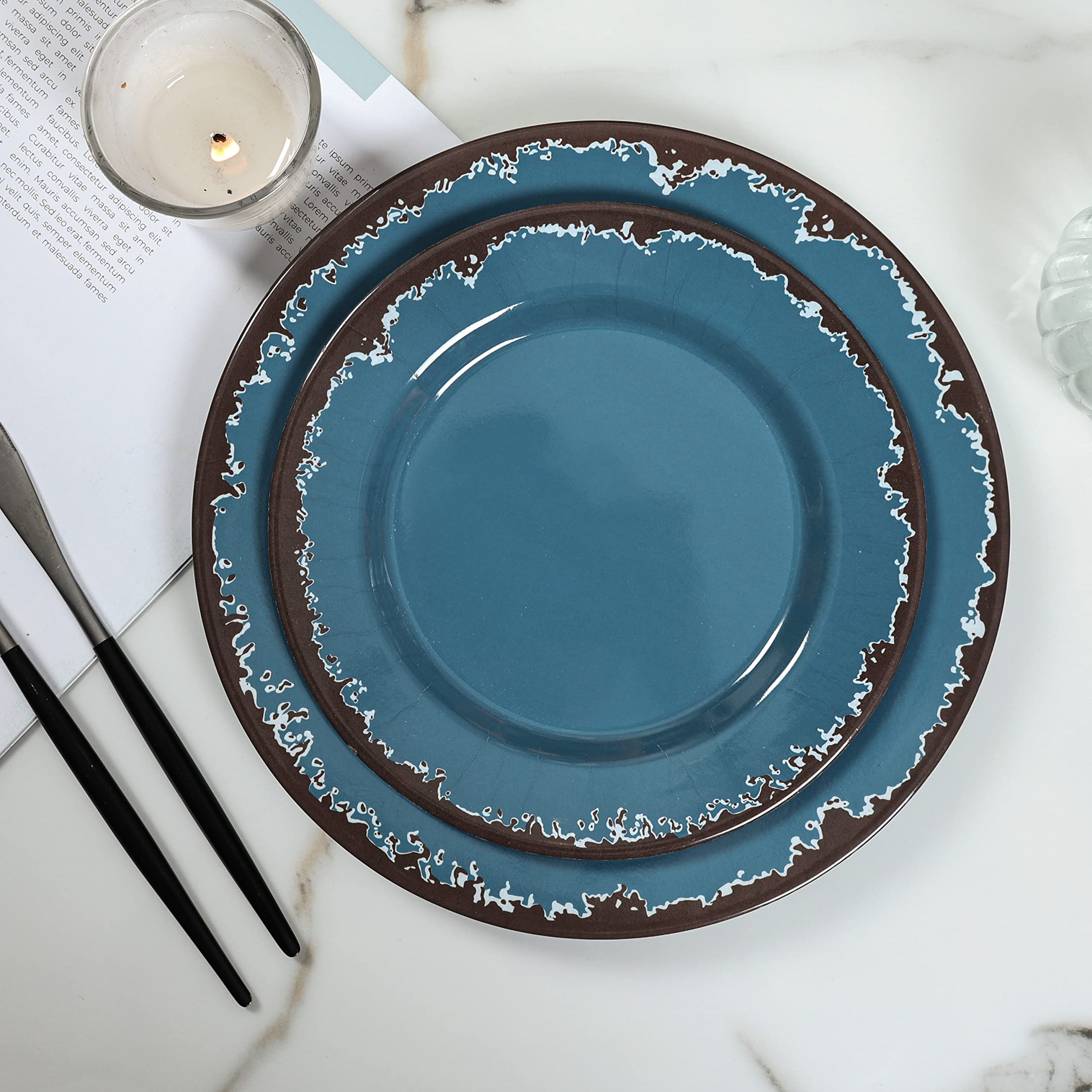 **Yinshine 12-Piece Melamine Dinnerware Set – Durable, Unbreakable Plates & Bowls in Blue – Lightweight for Outdoor Dining, Picnics & Camping**