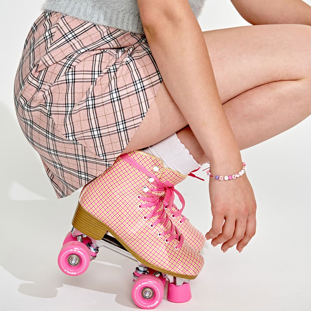 Impala Pink Tartan Roller Skates for Women - Retro Quad Skates with Light-Up Wheels - Perfect for Outdoor Skating, Roller Rinks, and Themed Parties