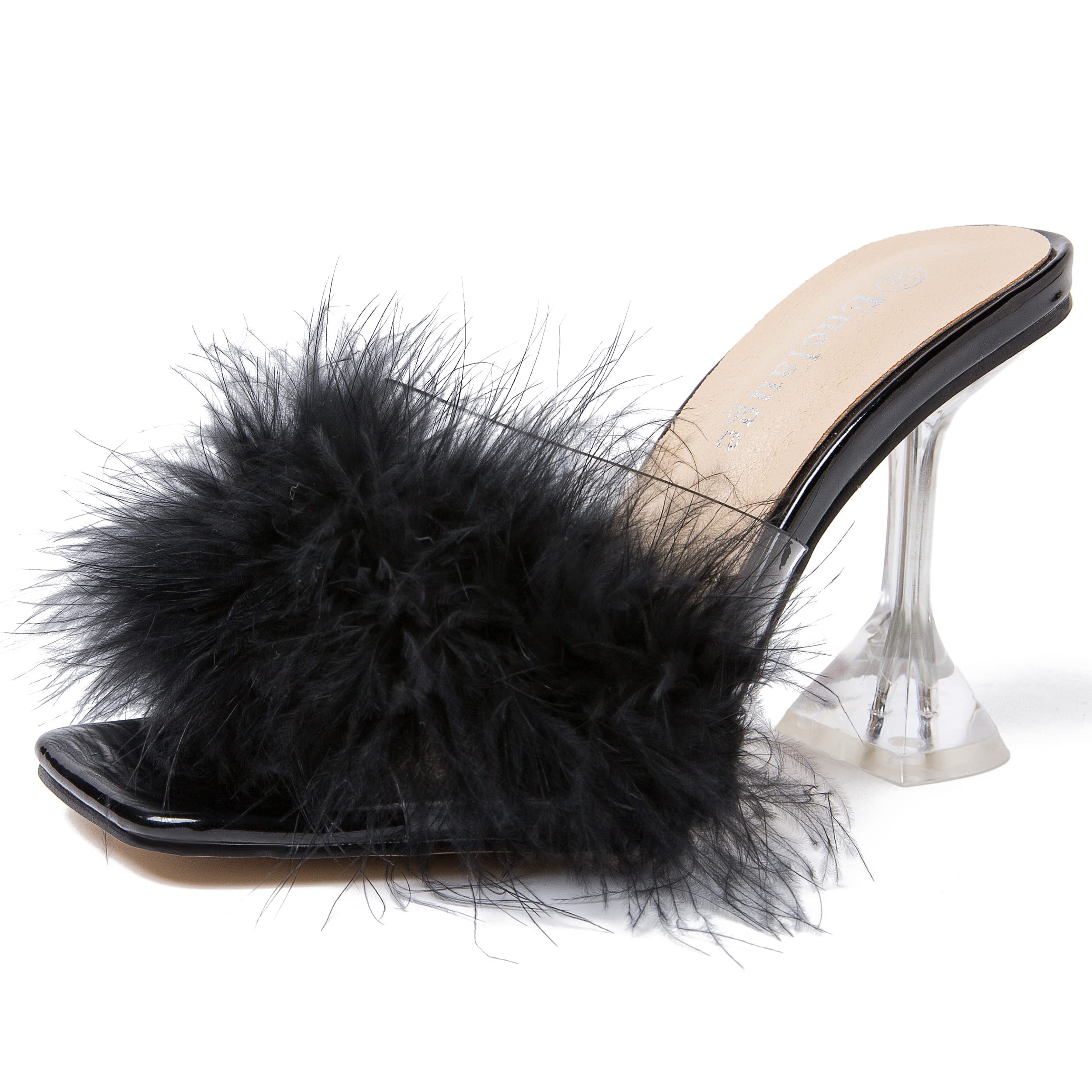 Enelauge Women's Square Toe Feather Sandals - Clear High Heel Mules Backless Slip-On Dress Shoes for Party, Wedding & Evening Wear
