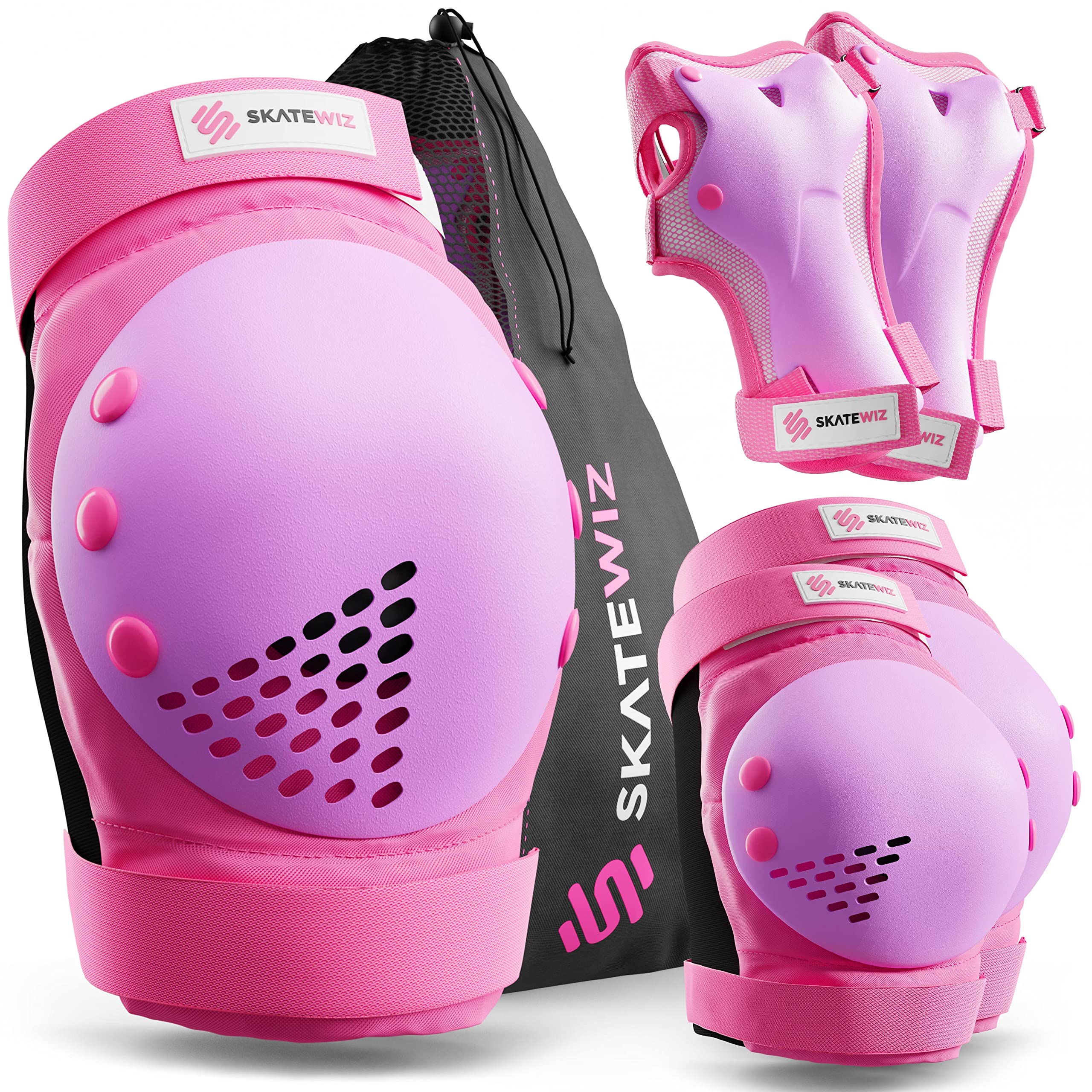 SKATEWIZ Kids & Adults Skateboard Protective Gear Set - 6pc Roller Skating Pads (Elbow Pads, Knee Pads, Wrist Guards) for Skateboarding, Roller Derby & Inline Skating - Safety Equipment for Beginners & Pros