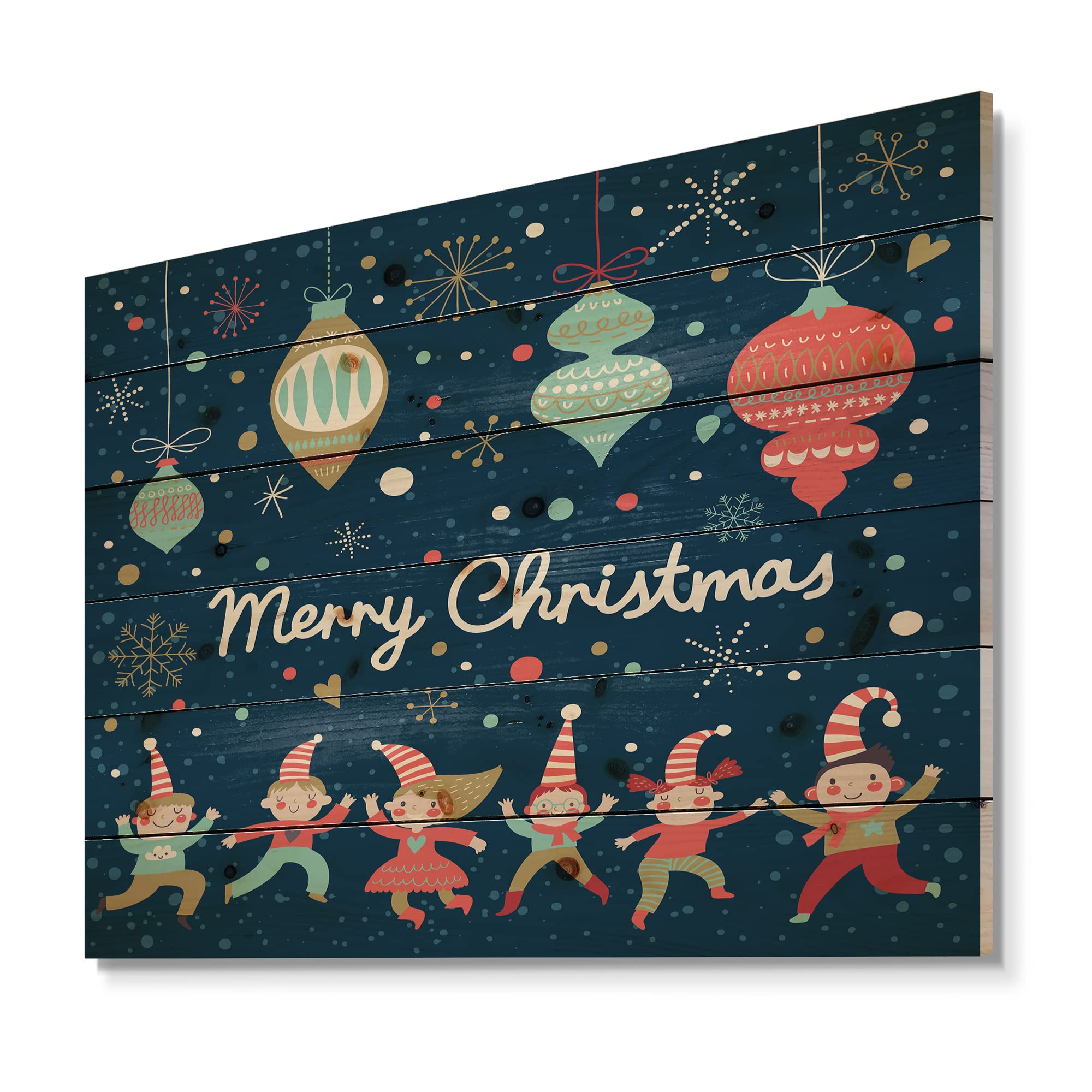Modern Blue Christmas Dancing Elf & Snowflakes Wood Wall Art - Large Abstract Pine Wood Panel Decor for Kids Room, Living Room & Holiday Home Decoration