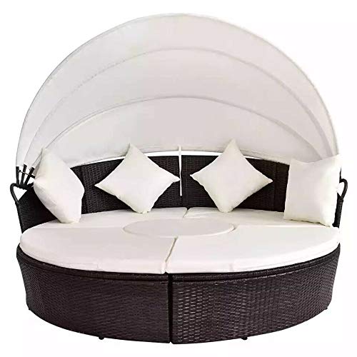 AlphaBaby Outdoor White Rattan Patio Sofa with Retractable Canopy - Round Daybed for Poolside, Garden, and Patio Relaxation