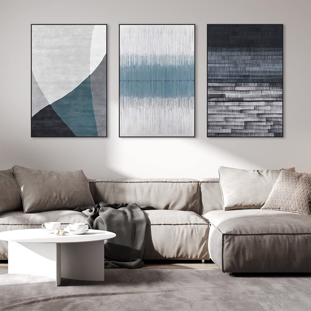 Modern Abstract Blue Canvas Wall Art Set of 3 - Navy Large Framed Decor for Living Room, Bedroom & Office (24