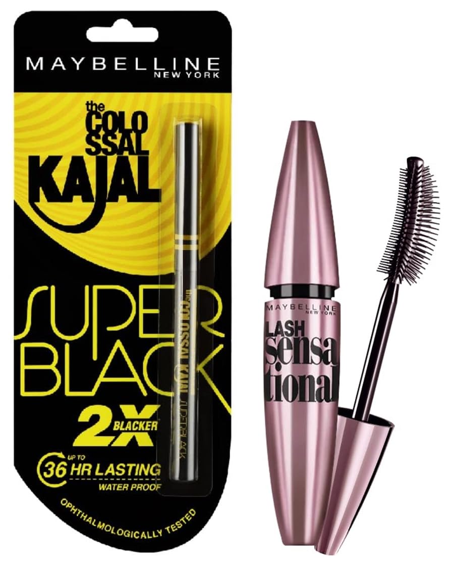 Maybelline New York Lash Sensational Waterproof Mascara & Colossal Kajal Eyeliner Set - Black (10g) & Super Black (0.35g) | Volumizing, Smudge-Proof Makeup Combo for Dramatic Eyes | Perfect for Day to Night Looks, Parties & Special Occasions