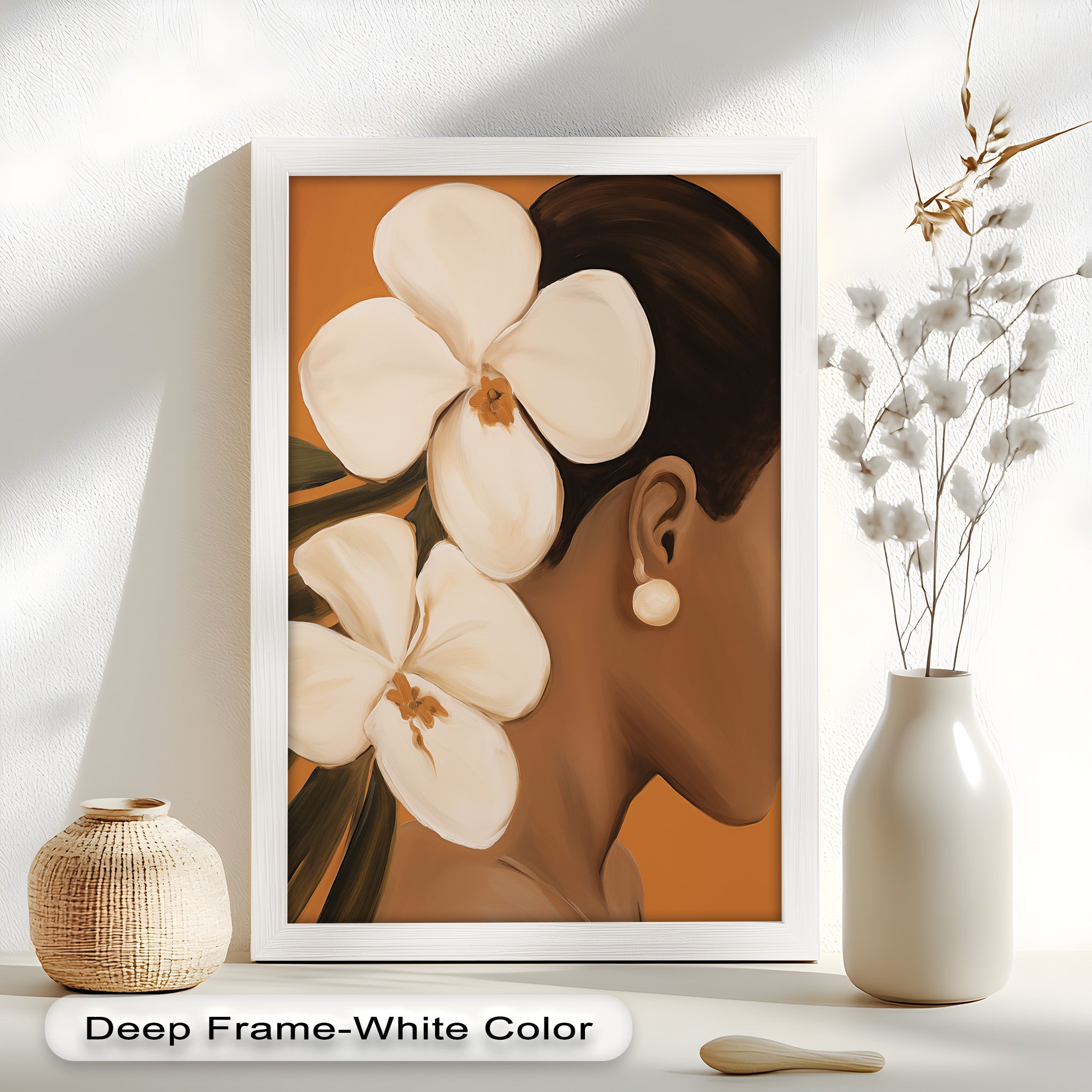 African Woman with Orchids Framed Oil Painting - Handmade Wall Art Decor for Living Room, Bedroom & Office