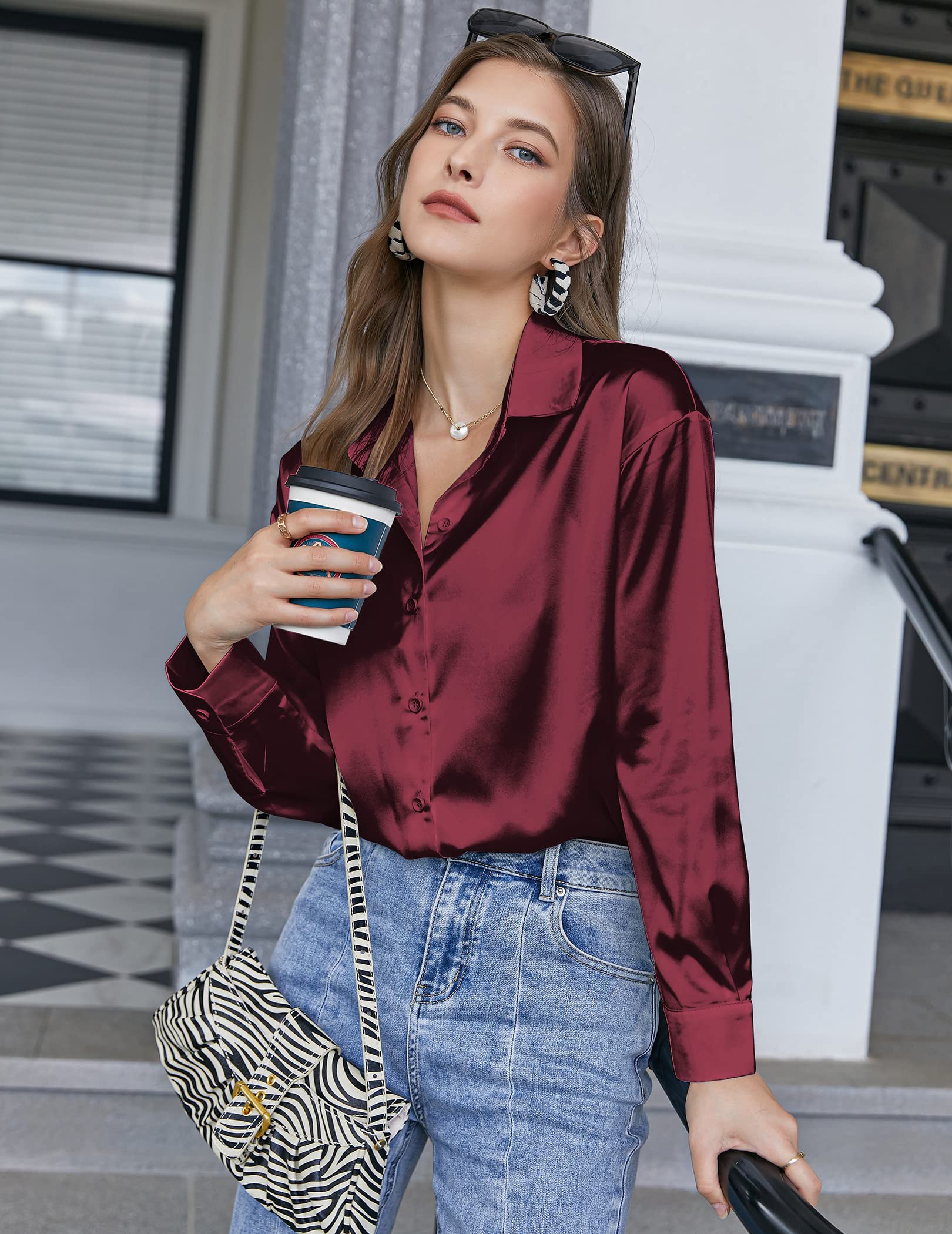 Chigant Women's Satin Silk Blouse - Button Down Long Sleeve Shirt for Office Work & Casual Wear - Elegant Loose Tunic Top for Business Meetings, Date Nights and Professional Occasions