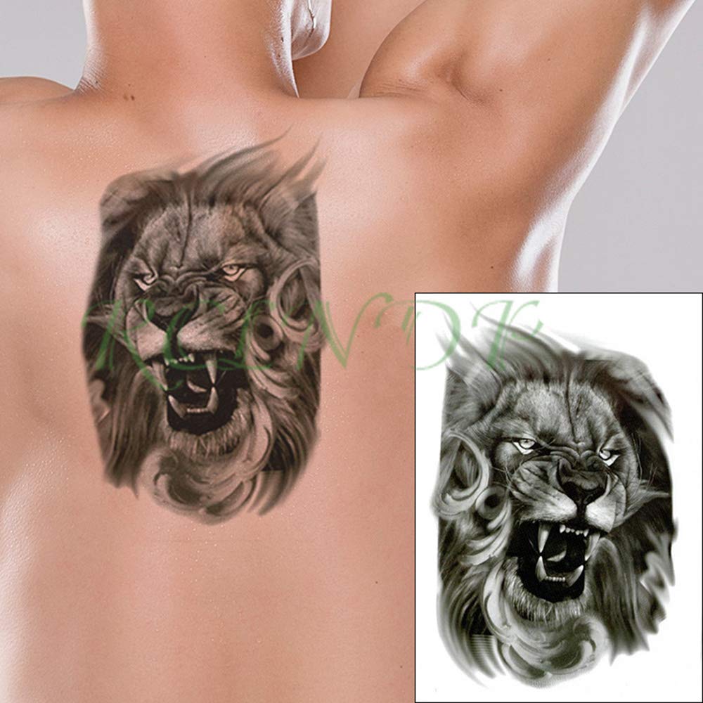 3D Temporary Tattoo Angry Roaring Lion Face Design - 21x15CM Large Fake Tattoo Sticker (1PC, Multi Color) for Halloween Costume, Cosplay & Body Art Parties
