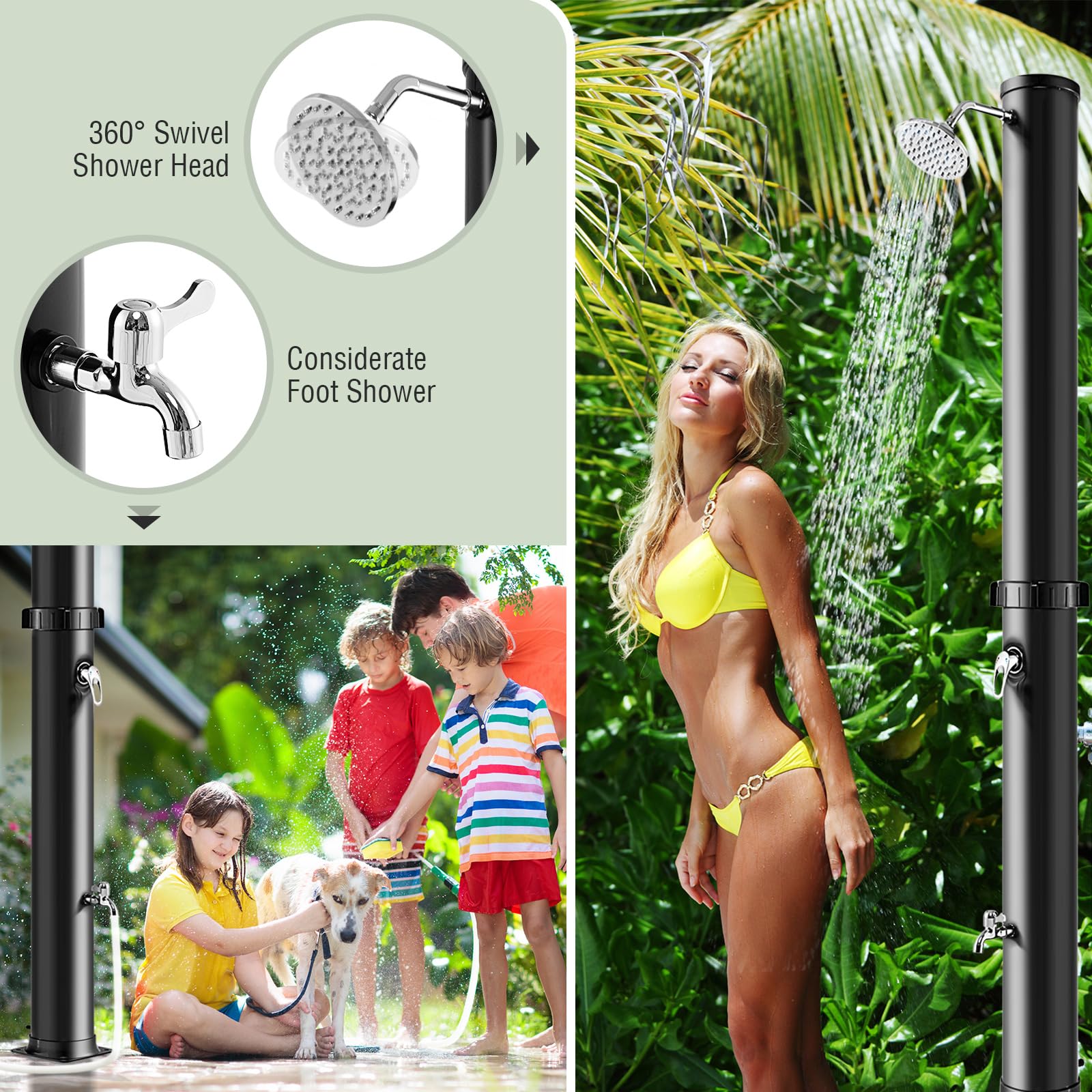 Goplus 10 Gallon Solar Heated Outdoor Shower - 7.2 FT Freestanding Garden Pool Shower with Rotating Shower Head, Temperature Control & Foot Wash - Perfect for Backyard, Beach, Camping & RV Use (Black)