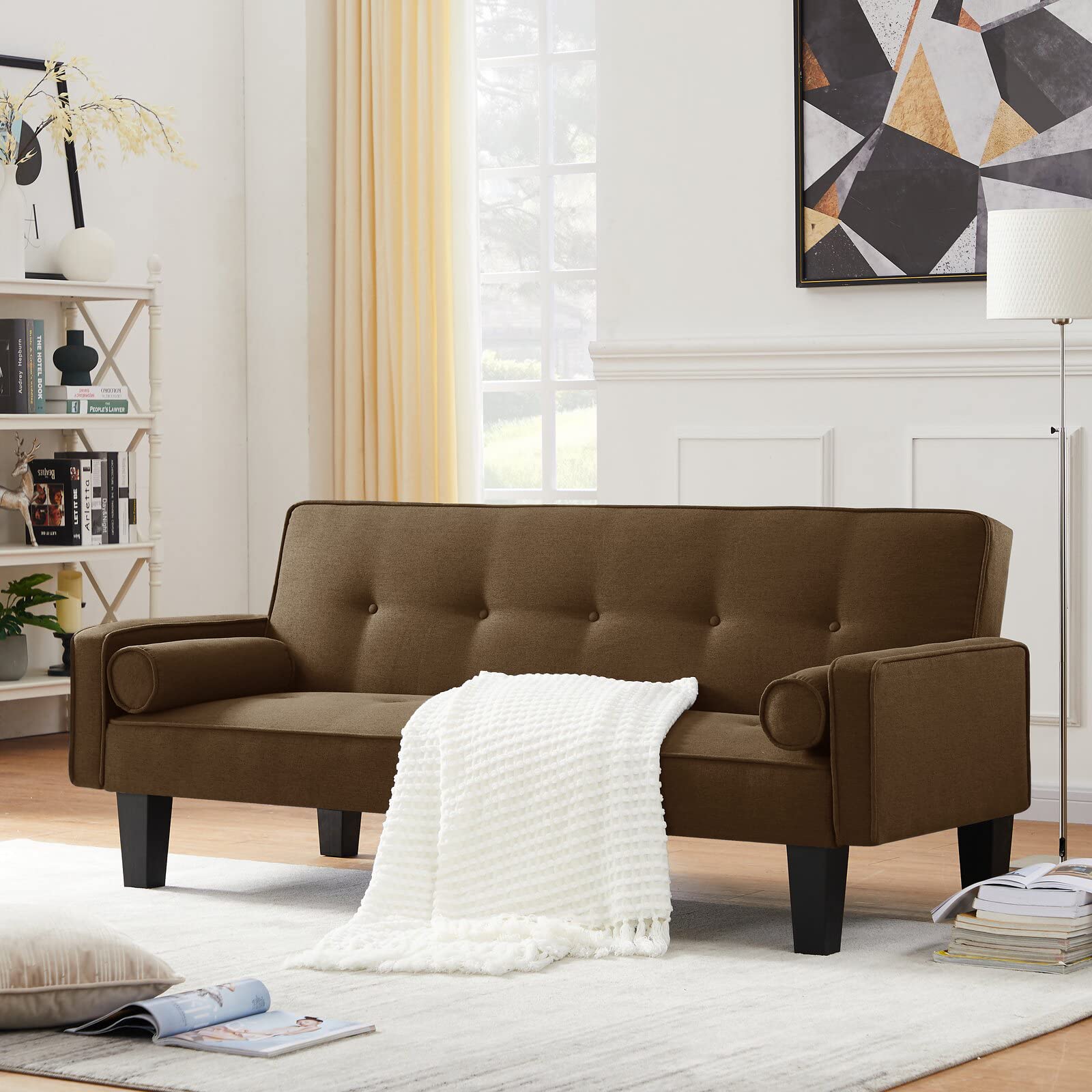 Modern Velvet Futon Sofa Bed with Pillows & Wooden Legs - Button Tufted Convertible Love Seat Couch for Small Apartments & Guest Rooms (Brown) | Perfect for Studio Living, Overnight Guests & Space-Saving Home Decor