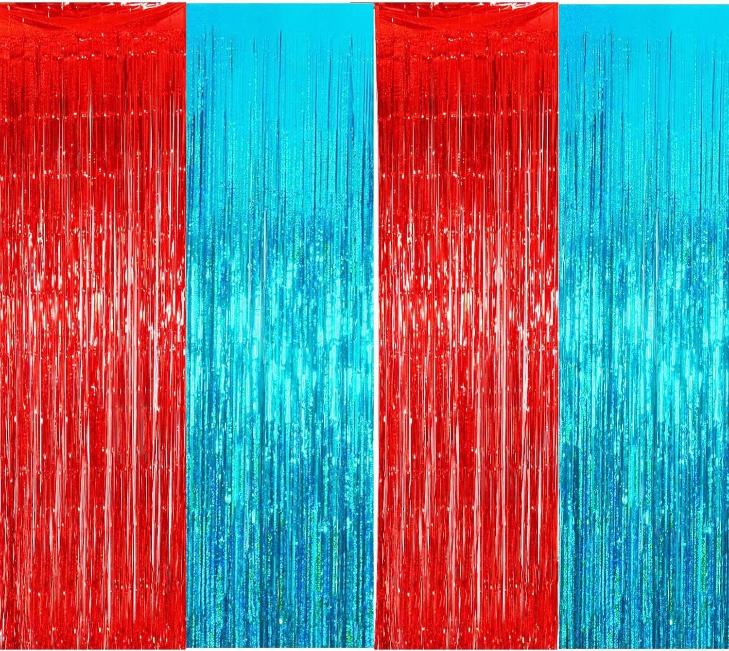 Dr. Seuss Cat in The Hat Birthday Party Decorations - Thing 1 & Thing 2 Theme - Blue & Red Fringe Foil Curtains (4 Pack) - Perfect for Baby Showers, Nurse Graduations & Themed Parties