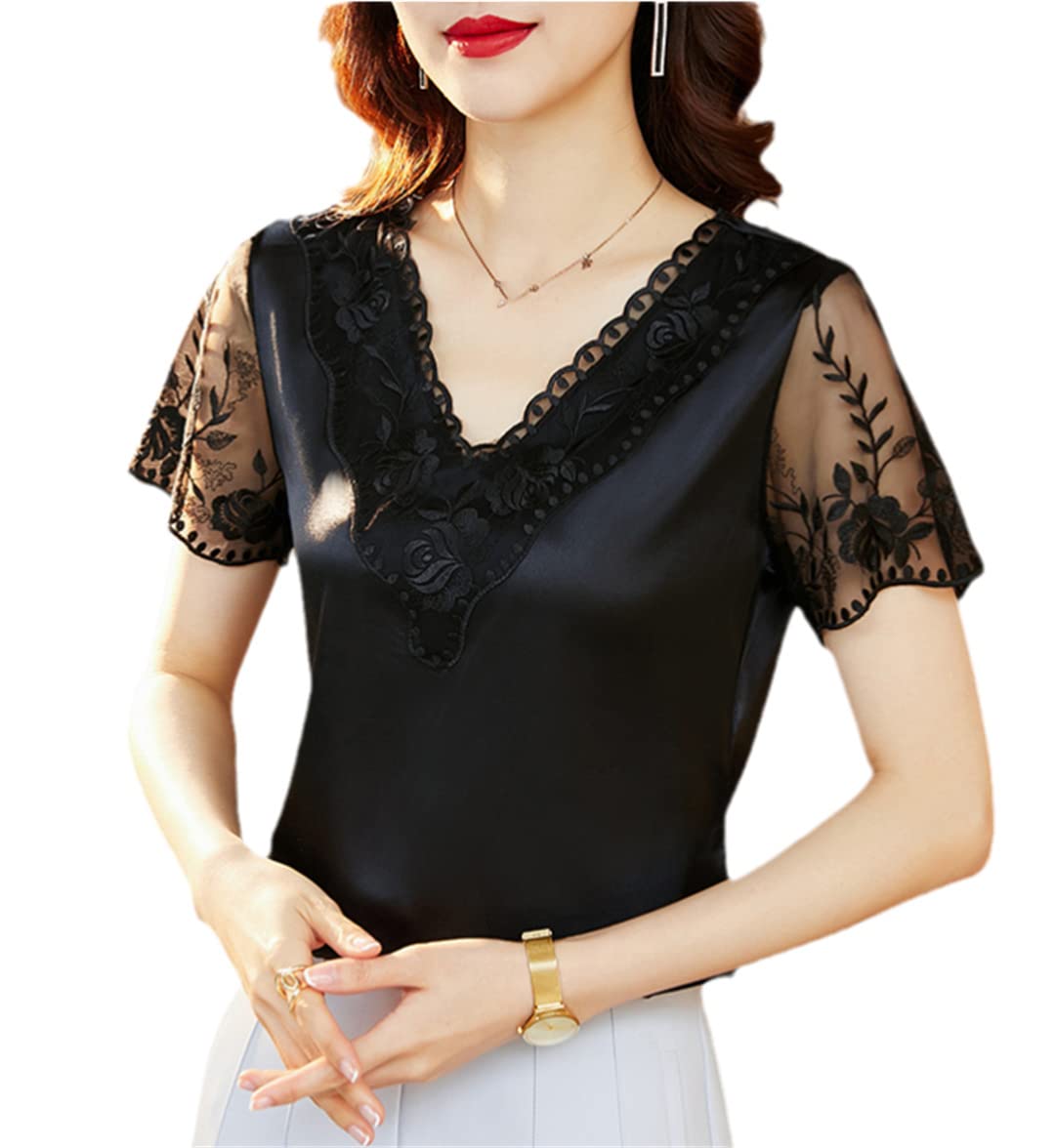 Women's V-Neck Short Sleeve Satin Blouse with Lace Embroidery - Elegant Silk Shirt for Office, Party & Casual Wear