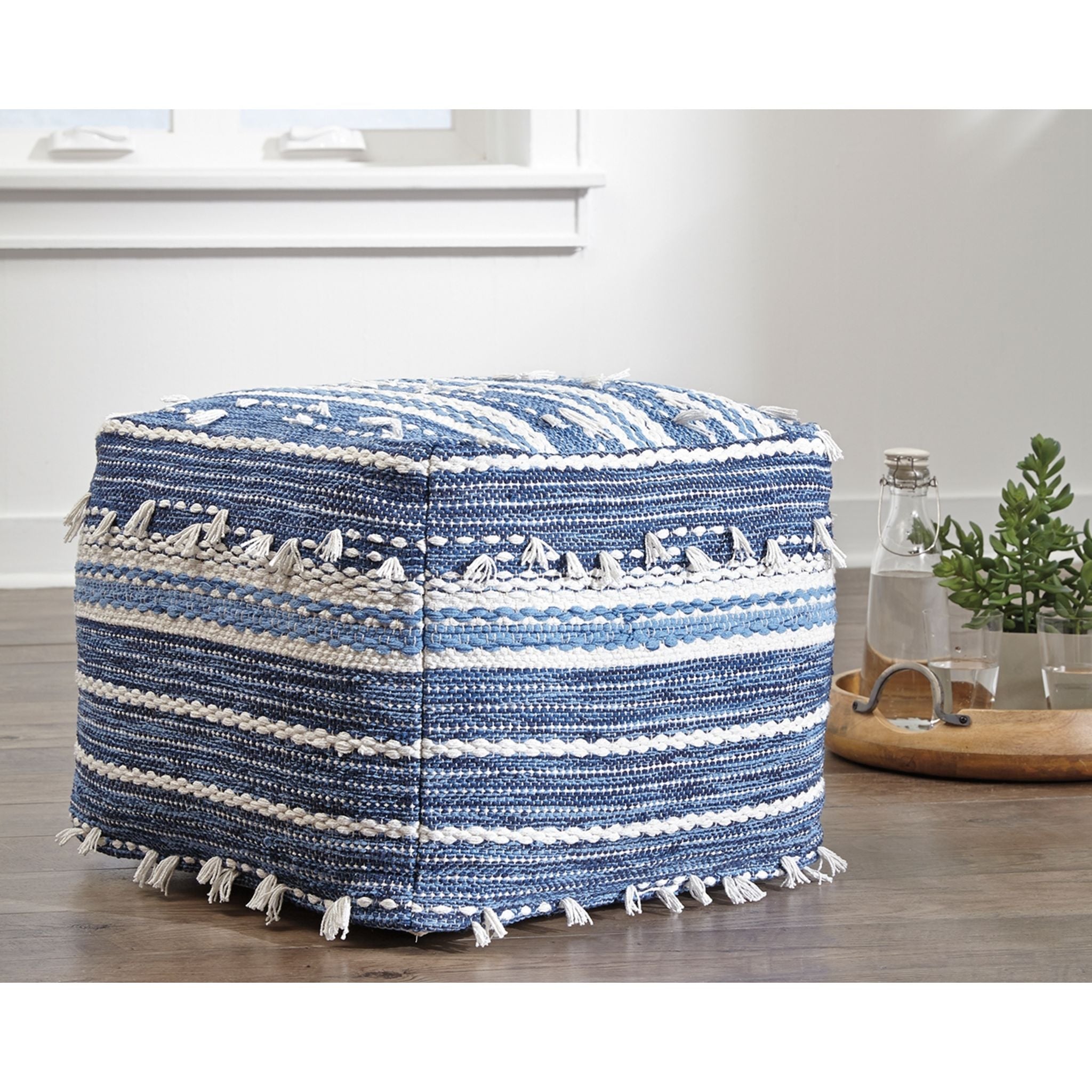Anthony Pouf Ottoman - Blue & White Handmade Cotton Fabric Footrest Stool for Living Room, Bedroom & Nursery - Cozy Seating & Decorative Accent