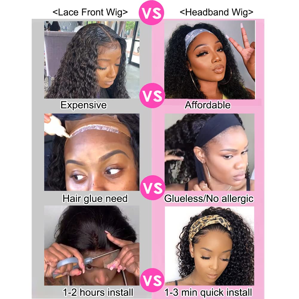 Headband Wig Curly Human Hair Wig - 180% Density Deep Wave Headband Wigs for Women | No Lace Front | Machine Made | Natural Color (14 Inch) | Perfect for Beginners, Daily Wear & Special Occasions