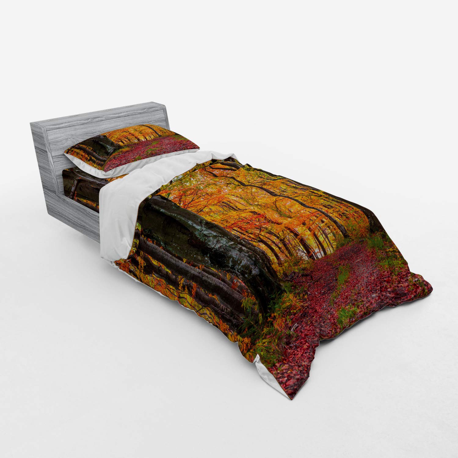 Ambesonne Autumn Bedding Set - Fall Forest Duvet Cover with Deciduous Trees & Leaves | 3-Piece Twin XL Set (Duvet Cover, Sham, Fitted Sheet) in Apricot Brown Red | Cozy Seasonal Bedroom Decor for Cabin, Dorm or Guest Room