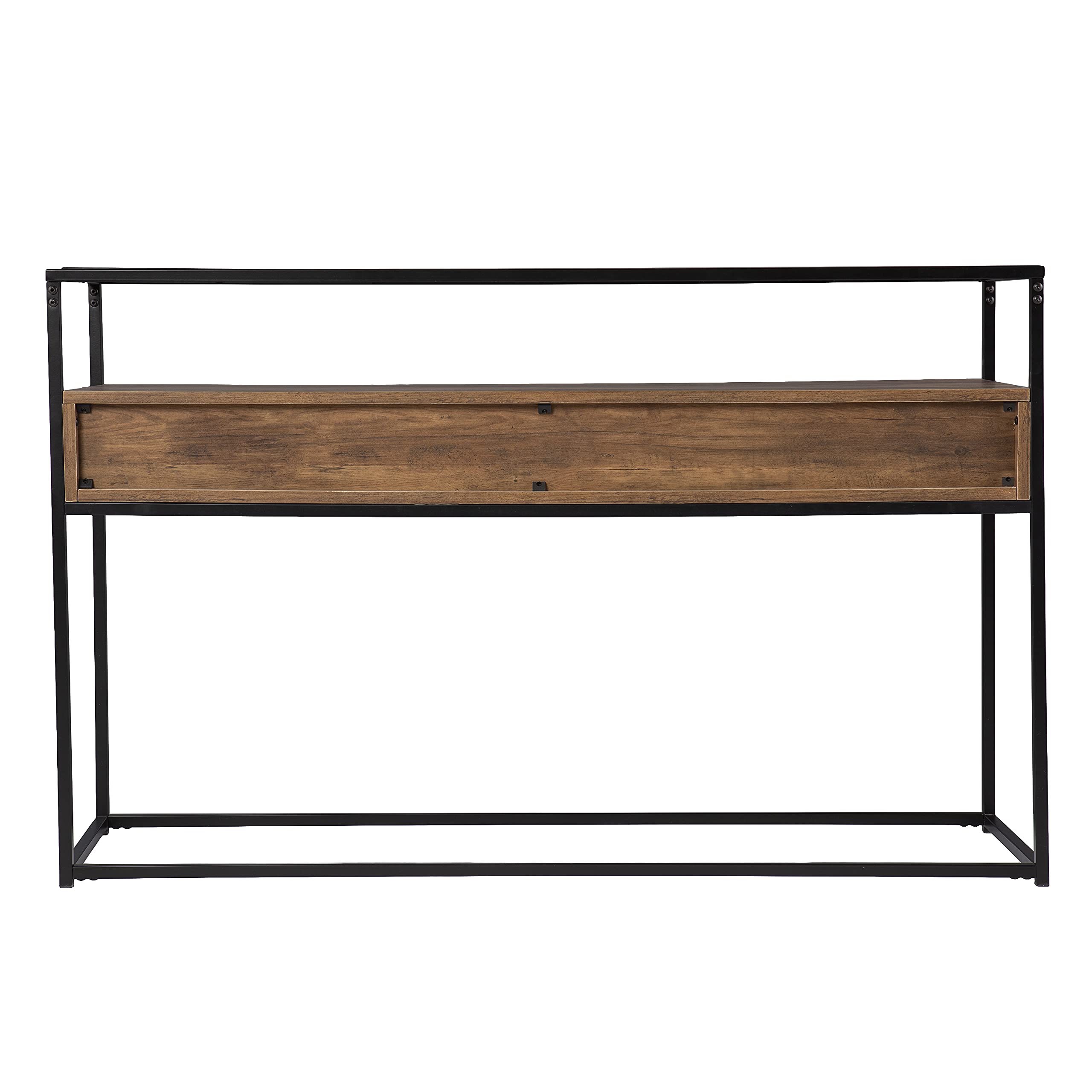 SEI Furniture Olivern Glass-Top Console Table with Storage - Modern Industrial Farmhouse Style Entryway Table for Living Room, Hallway & Foyer - Brown Wooden Sofa Table with Open Shelf Design