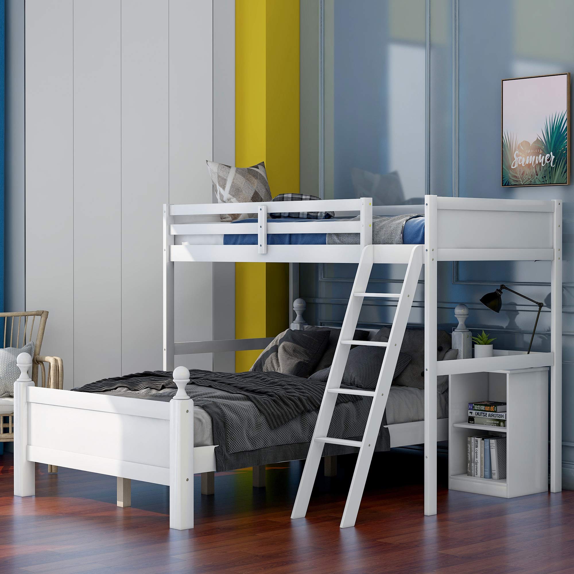 Solid Wood Twin Over Full Loft Bed with Storage Cabinet - Space Saving Bunk Bed with Full-Length Guardrail & Ladder - 2 Independent Beds (White) - Perfect for Kids' Rooms, Dorms & Small Apartments