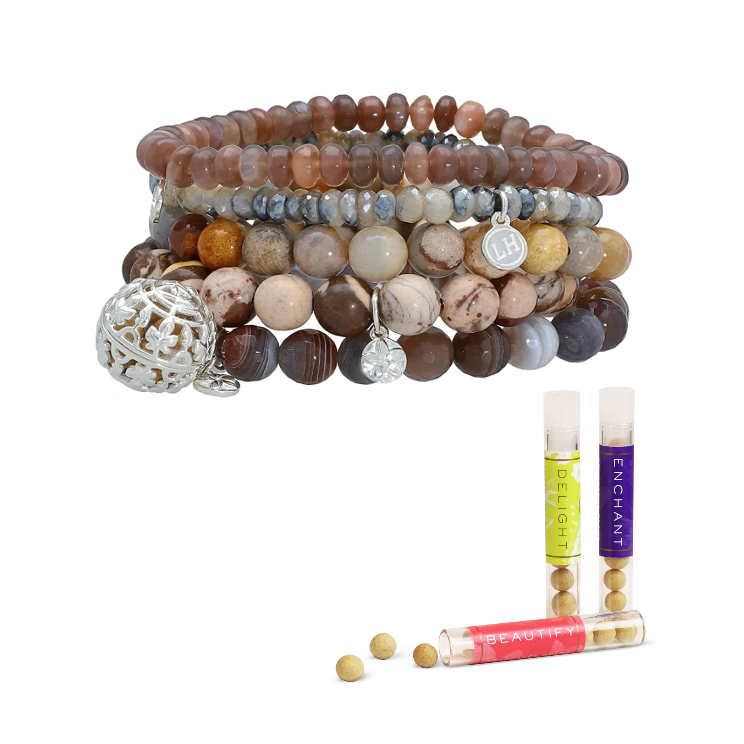 Lisa Hoffman Boho Beaded Bracelet Set for Women - 5 Stretch Floral Charm Bracelets with Genuine Faceted Gemstones & Fragrance Beads - Handmade Aromatherapy Jewelry Gift Set (3 Scents) - Perfect for Boho Fashion, Yoga, Meditation & Everyday Wear