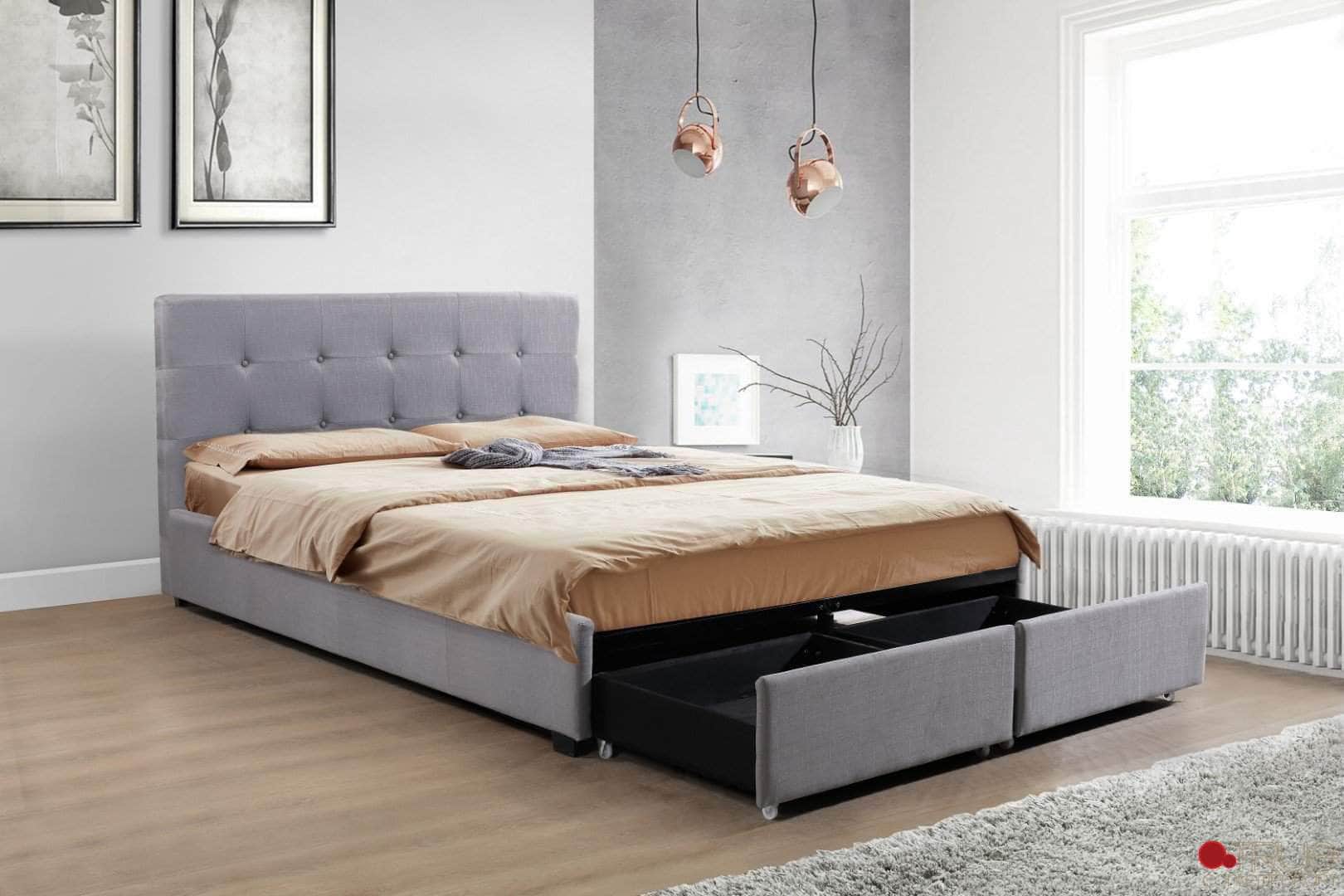 Victoria Grey Tufted Linen Platform Bed with 2 Storage Drawers - Queen, King & California King Size - Perfect for Small Bedrooms & Modern Master Suites