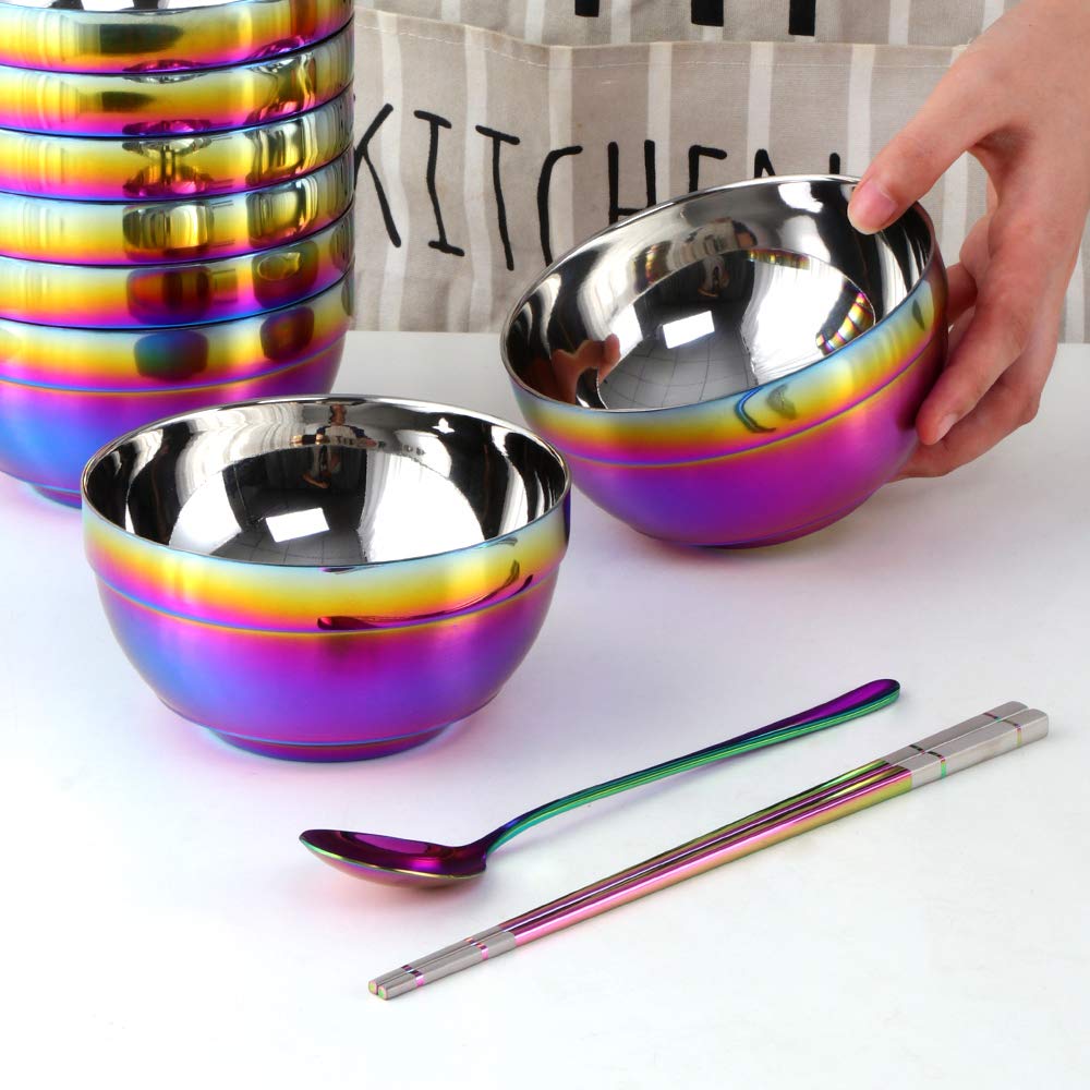 Premium 24-Piece SUS 304 Stainless Steel Bowl Set with Spoon & Chopsticks - 19oz Double-Walled Metal Rice & Cereal Bowls for Home, Restaurant & Kitchen Use - Rainbow Color Collection for Adults & Kids - Perfect for Dining, Serving, Camping & Meal Prep