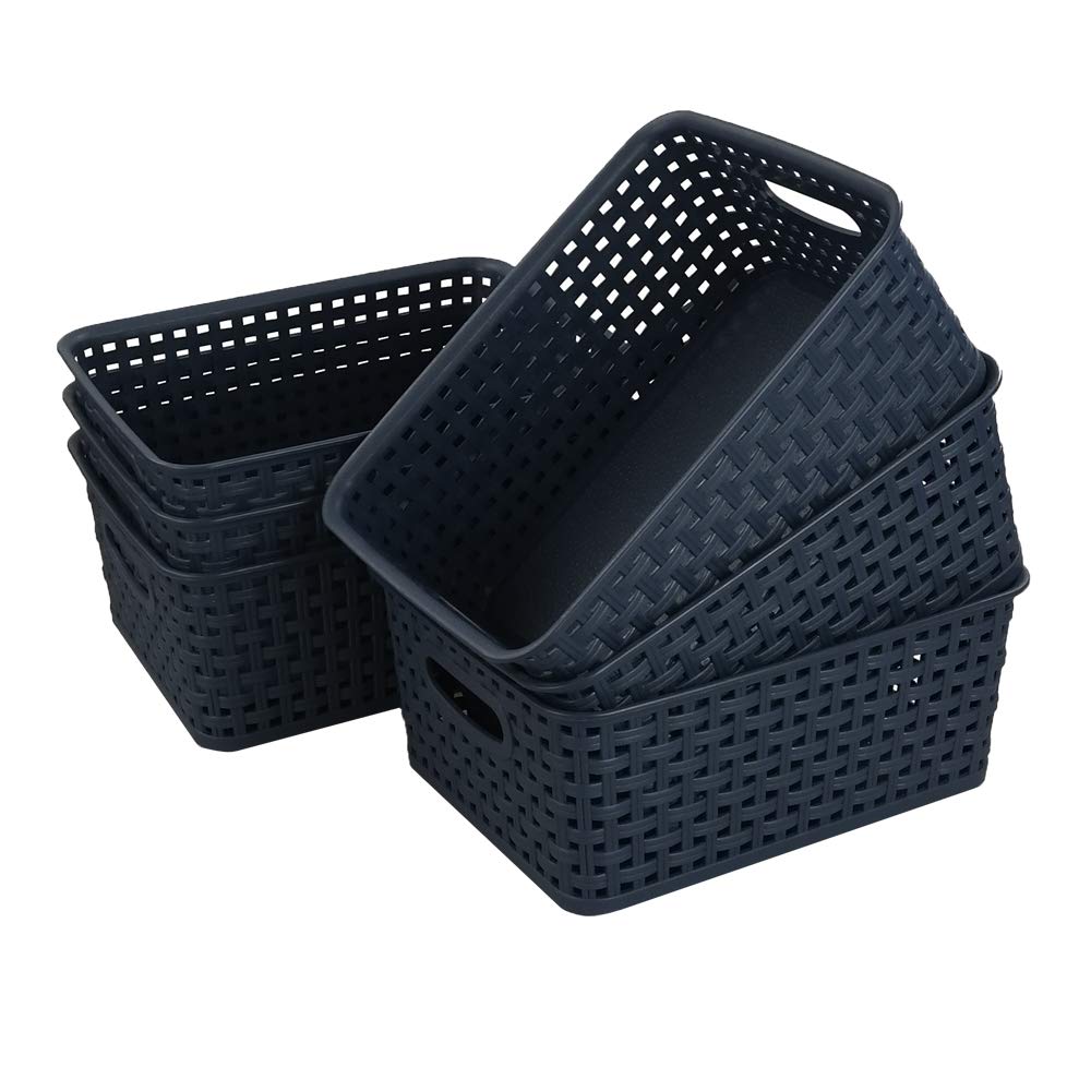 Sandmovie Plastic Weave Storage Baskets - 6 Pack Navy Blue Organizer Bins for Kitchen, Bathroom, Closet & Office - Space Saving Home Organization Solution