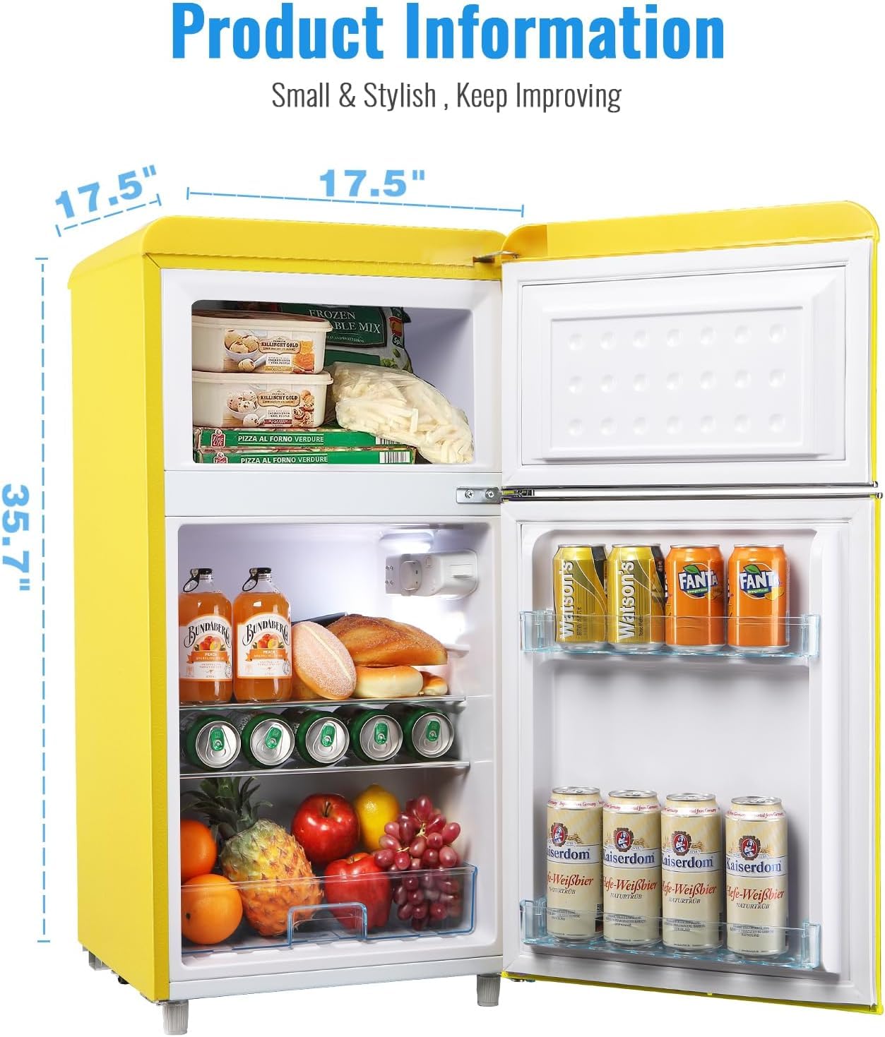 WANAI 3.5 Cu.Ft Mini Refrigerator with Freezer - Retro Style Compact 2-Door Fridge for Small Spaces, Energy Efficient Freestanding Cooler for Bedroom, Dorm, Office - Perfect for Storing Drinks, Snacks & Beauty Products (Cream/Yellow)