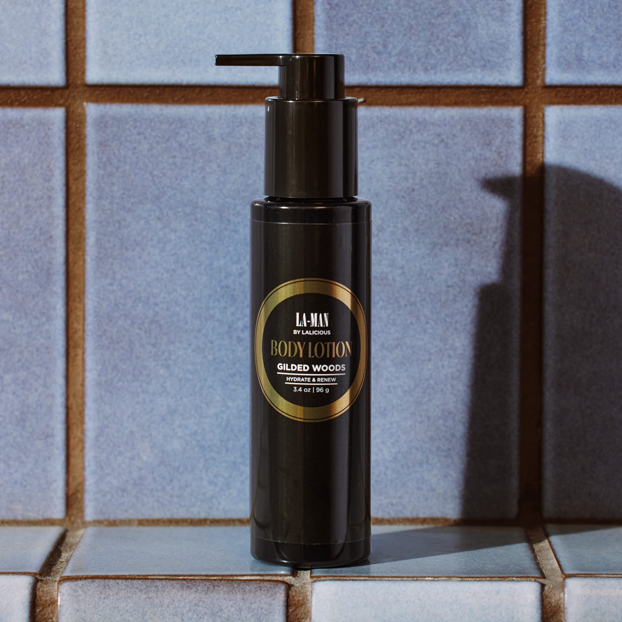 Lalicious La-Man Body Lotion for Men - Gilded Woods Scent with Shea Butter, Aloe Vera & Vitamin E | Non-Greasy Hydrating Moisturizer with Omega Fatty Acids | 3.4oz Travel Size | Perfect for Dry Skin Care & Post-Shave Hydration