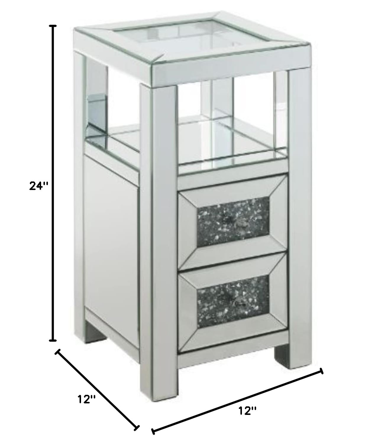 Noralie Clear Glass Accent Table with Mirrored Finish & Faux Diamond Decor - Perfect for Living Room, Bedroom, or Entryway Decor