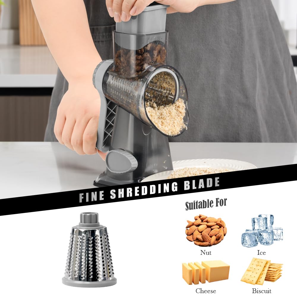 Stainless Steel Rotary Cheese Grater with 3 Blades - Hand Crank Kitchen Tool for Shredding Cheese, Carrots, Cucumbers, Nuts & Chocolate (Dark Grey) - Perfect for Pizza Toppings, Salad Prep & Baking Needs