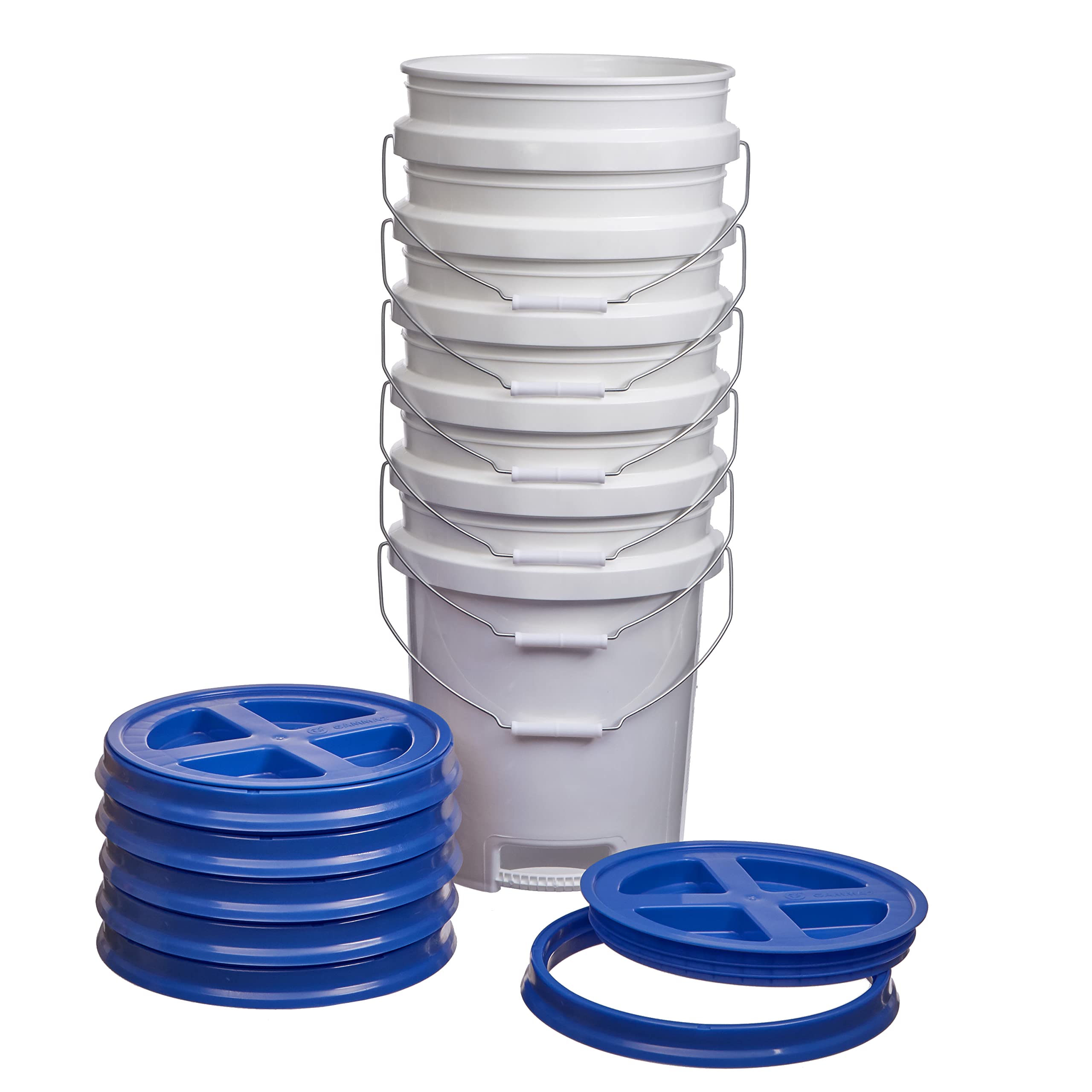 5 Gallon White Food Grade Buckets with Handle & Gamma Seal Lids - BPA Free HDPE Storage Pails for Kitchen, Restaurant & Bulk Food Storage - Durable Made in USA Containers (6 Pack, Blue Lids) - Perfect for Home Brewing, Pickling & Commercial Use
