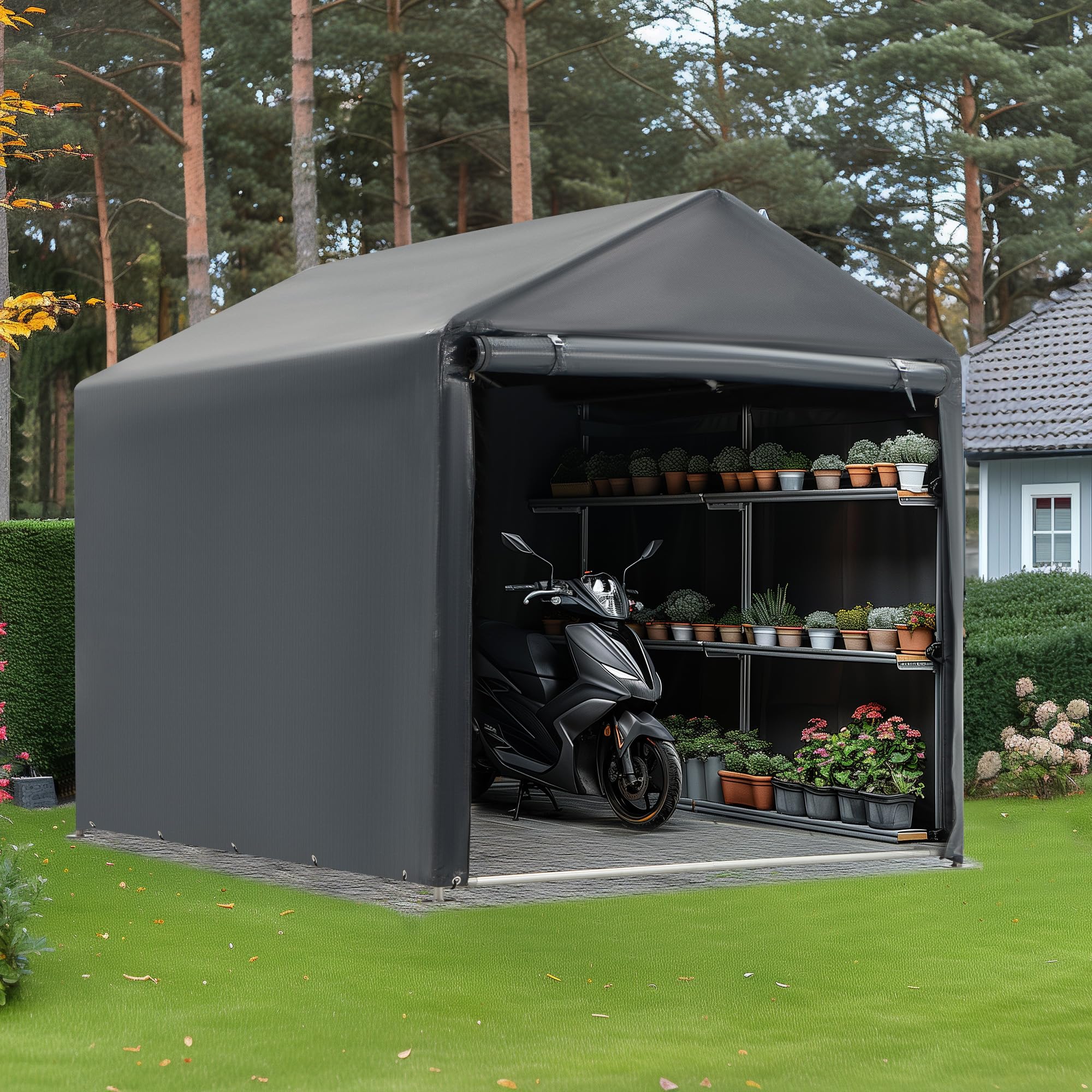 MELLCOM 5x7.2ft Heavy Duty Outdoor Storage Shed with Roll-Up Zipper Door - Waterproof Portable Carport Canopy for Bikes, Motorcycles, Lawn Equipment & Garden Tools - Perfect for Backyard, Garage & Patio Storage