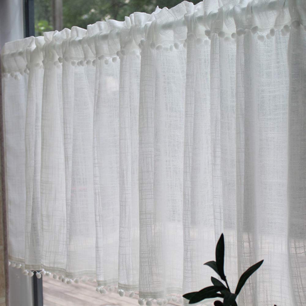 CMJM White Linen Textured Sheer Cafe Curtains - 51x17 Inch Kitchen Window Treatment for American Country Style Homes | Perfect for Farmhouse, Cottage & Rural Decor