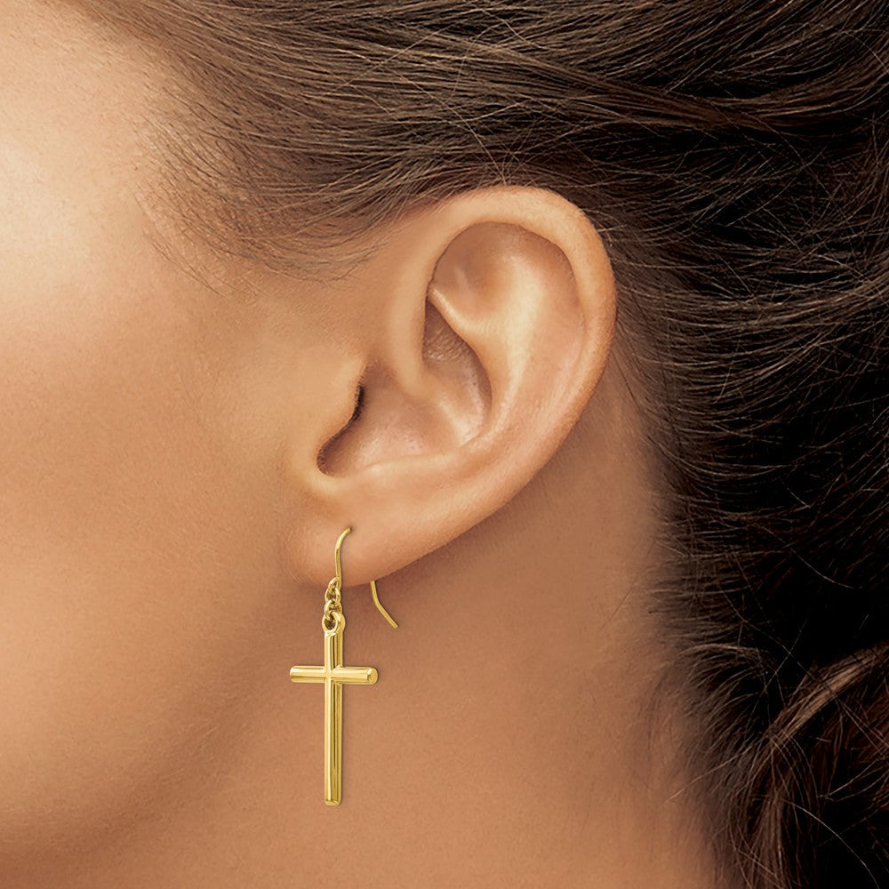 Gold Cross Shepherd Hook Dangle Earrings H1087 - Religious Jewelry for Women, Perfect for Church, Weddings & Everyday Wear